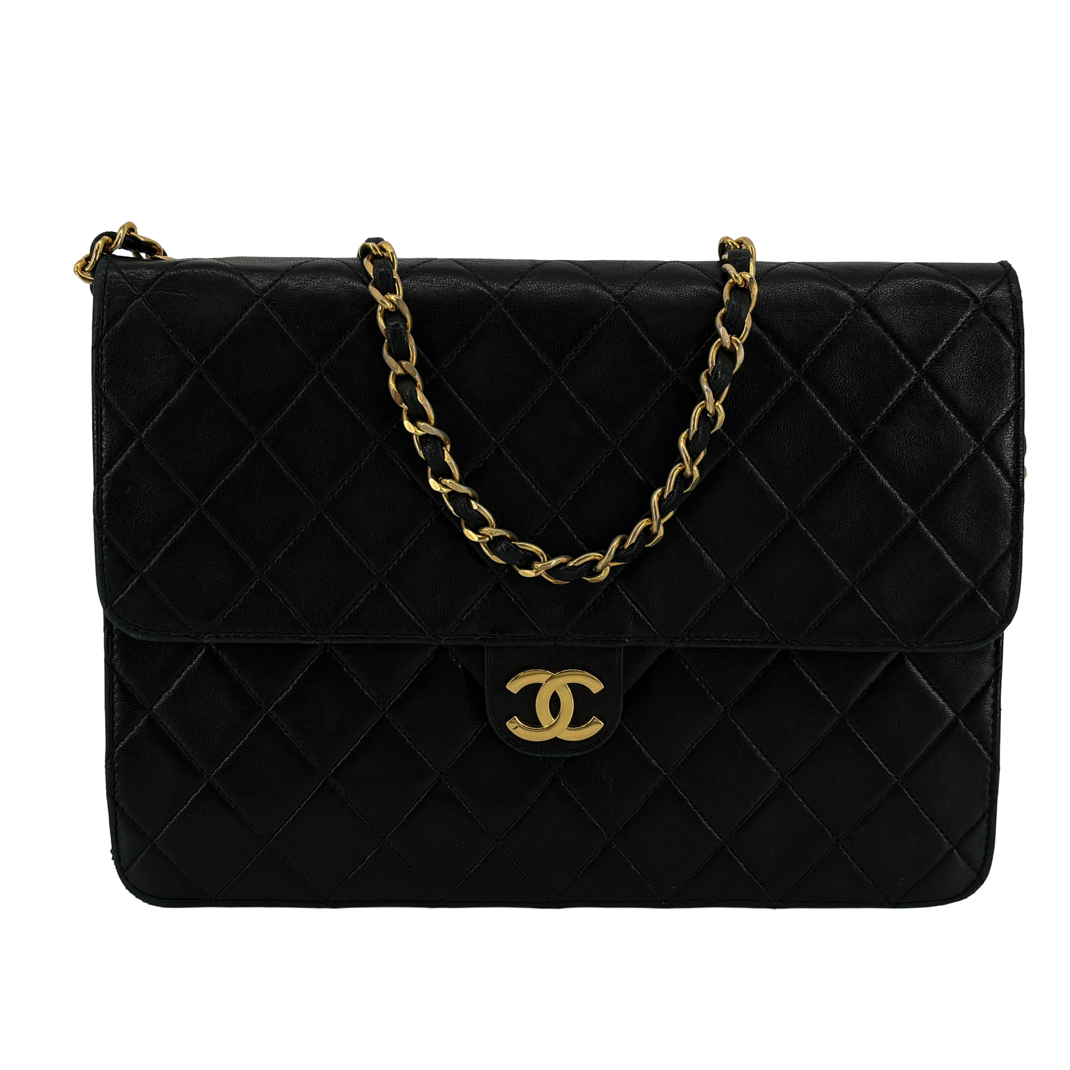 Chanel Single Flap Bag Push-Lock Black Matelassé Leather incl. Dustbag