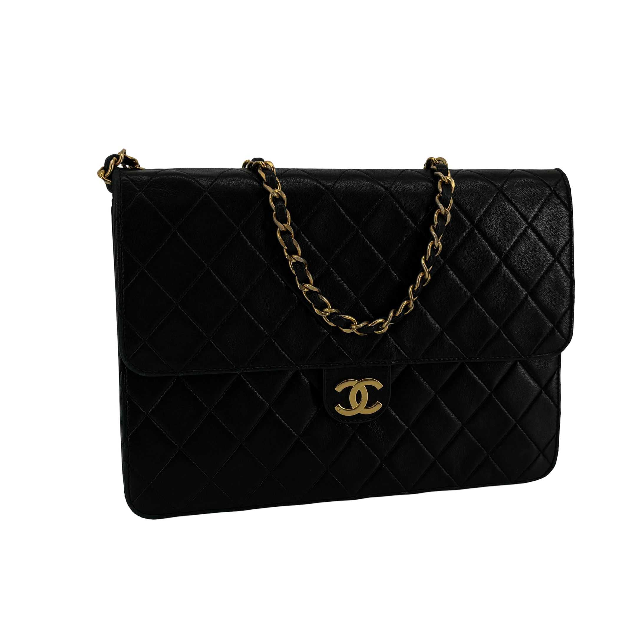 Chanel Single Flap Bag Push-Lock Black Matelassé Leather incl. Dustbag