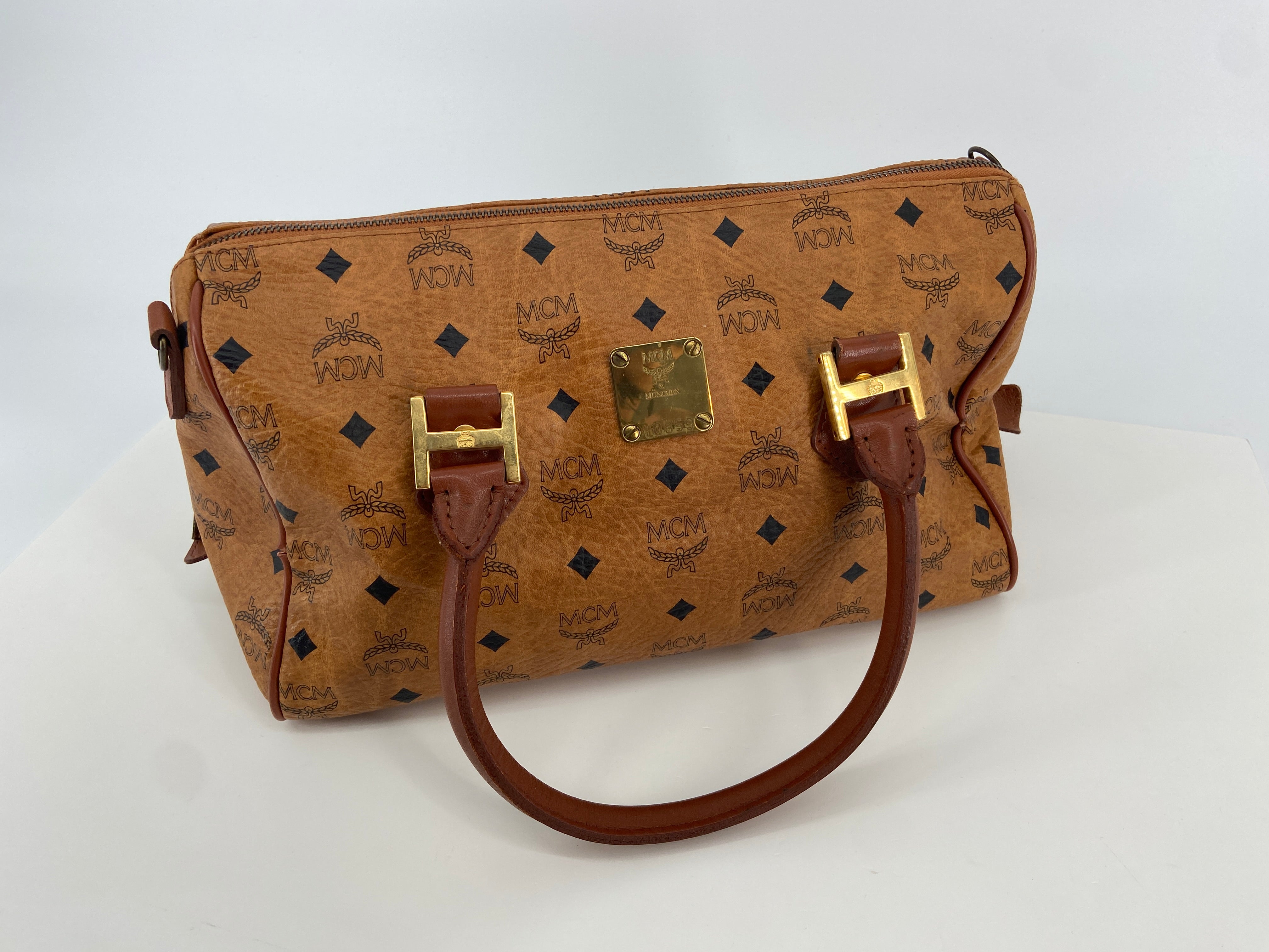 MCM Hand / Boston Bag Beige Visetos Cognac Monogram