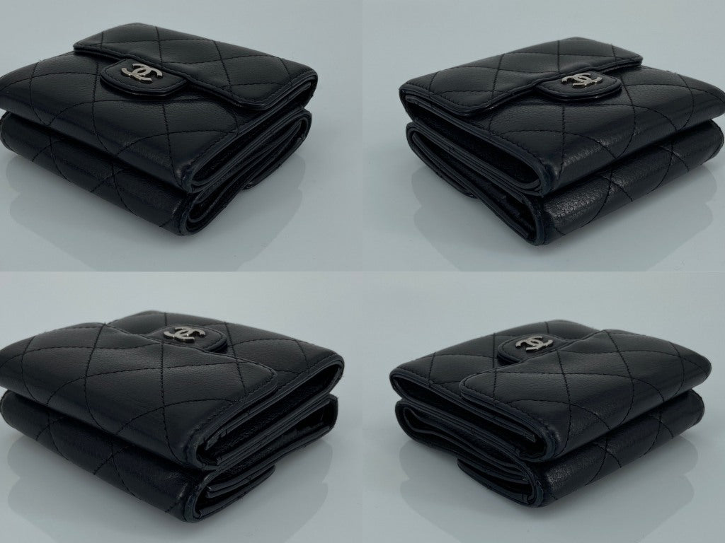Chanel Timeless / Classic Matelasse Flap Compact Wallet Black Caviar Leather full set