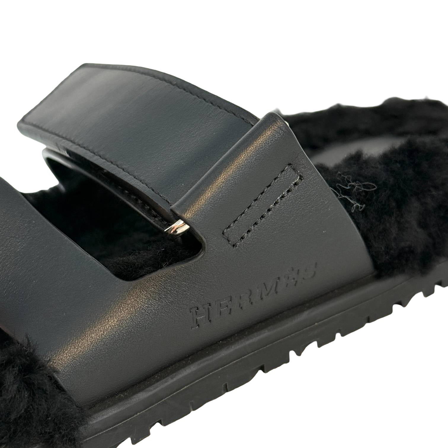 Hermès Chypre Sandale Gr. 35 Schwarz Shearling x Leder