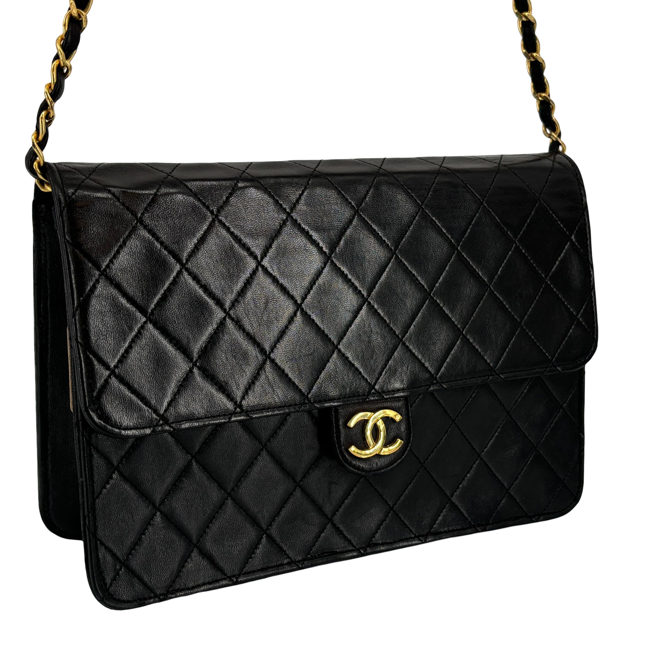 Chanel Single Flap Bag Push-Lock Black Matelassé Leather