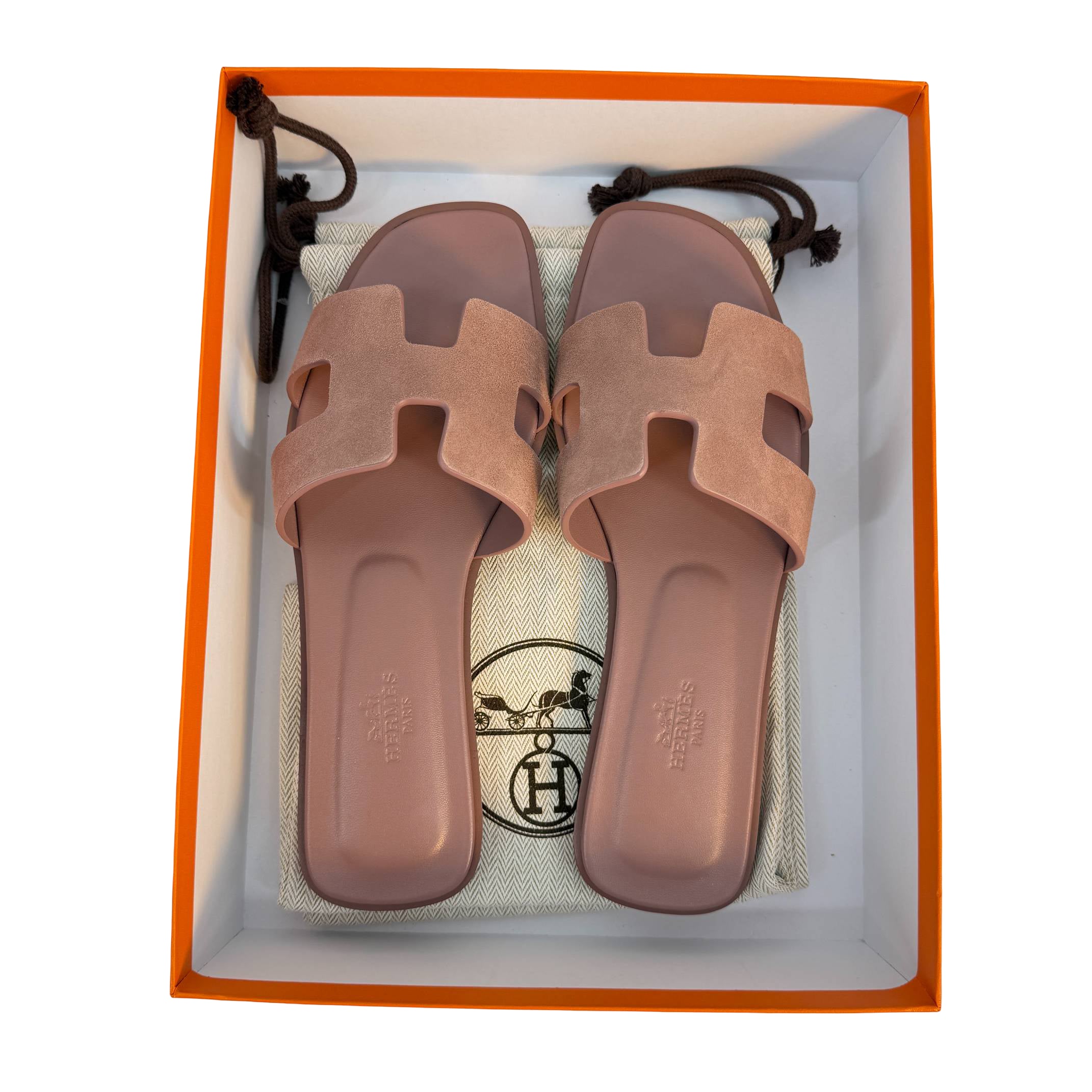 Hermès Oran Sandale Gr. 37 1/2 Altrosa Leder x Veloursleder