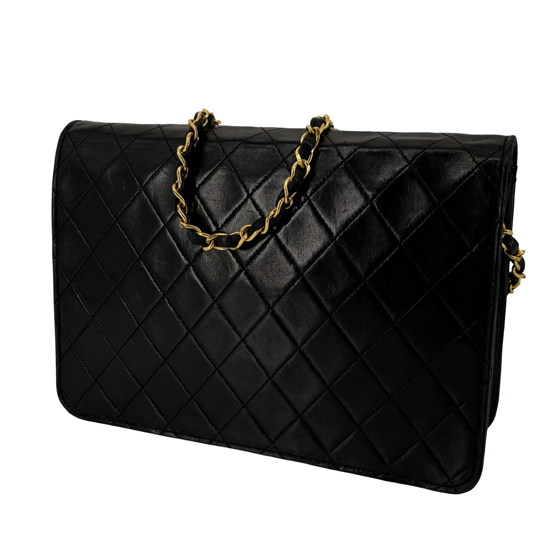 Chanel Single Flap Bag Push-Lock Black Matelassé Leather