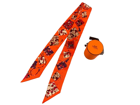 Hermès Twilly Silk Scarf Bag Print Orange incl. Box