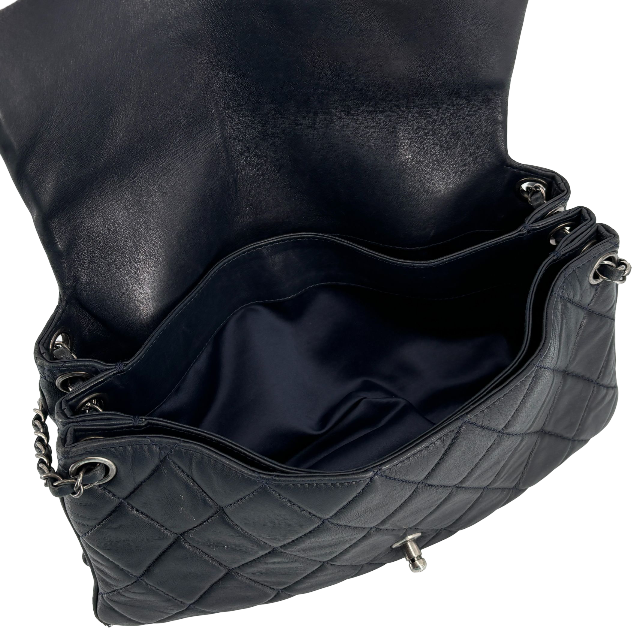 Chanel Accordion Single Flap Bag Navy Matelassé Leather