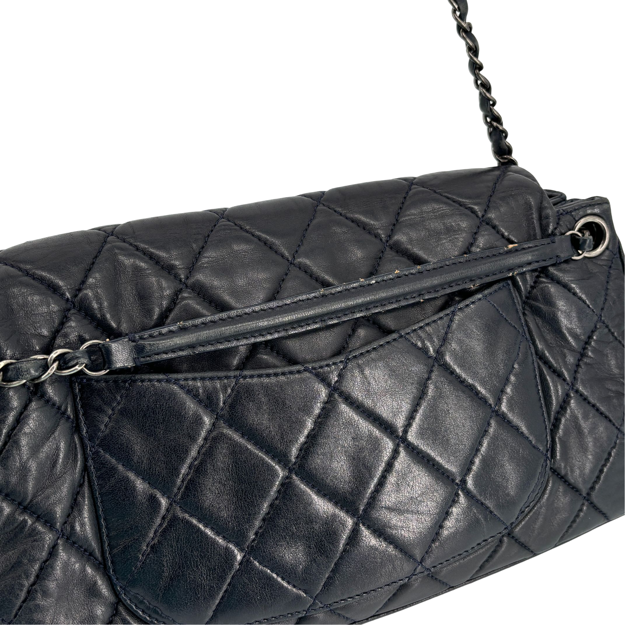 Chanel Accordion Single Flap Bag Navy Matelassé Leather