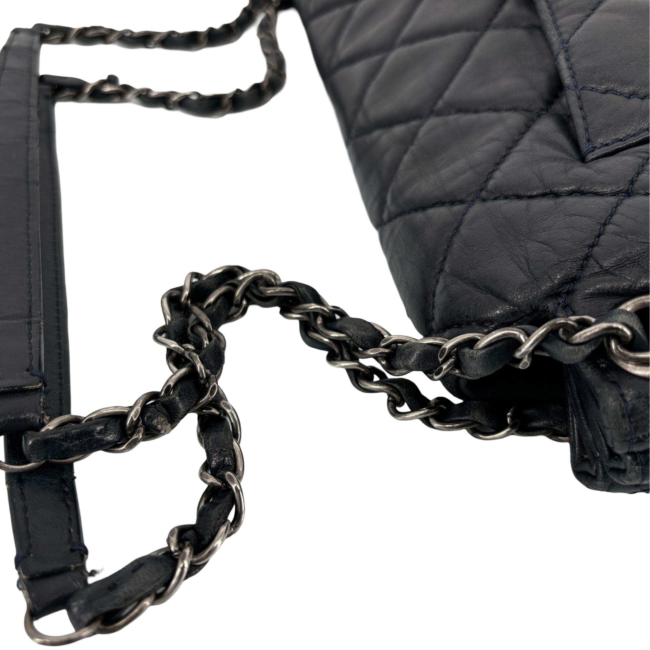 Chanel Accordion Single Flap Bag Navy Matelassé Leather