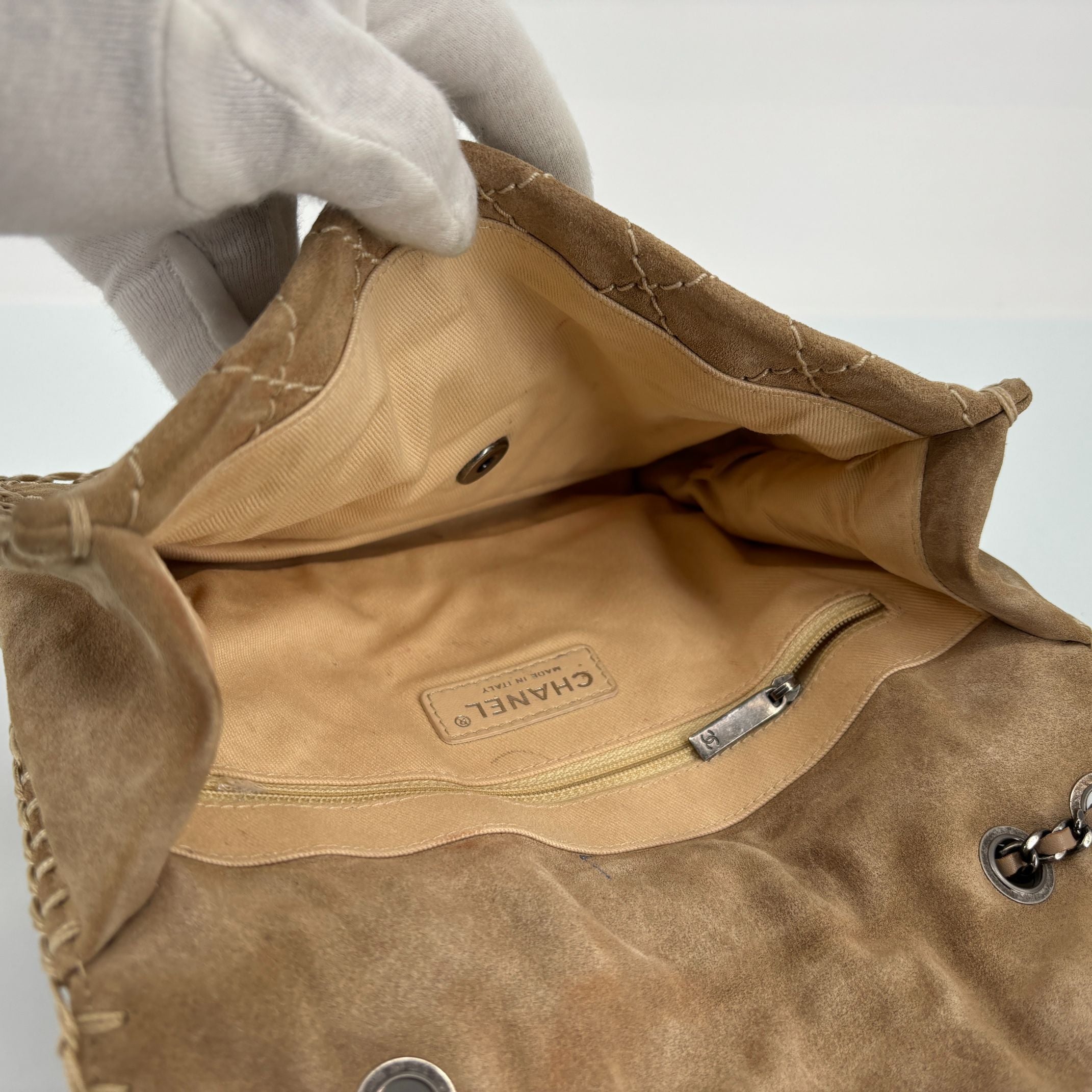 Chanel Single Flap Bag Beige Matelassé Suede