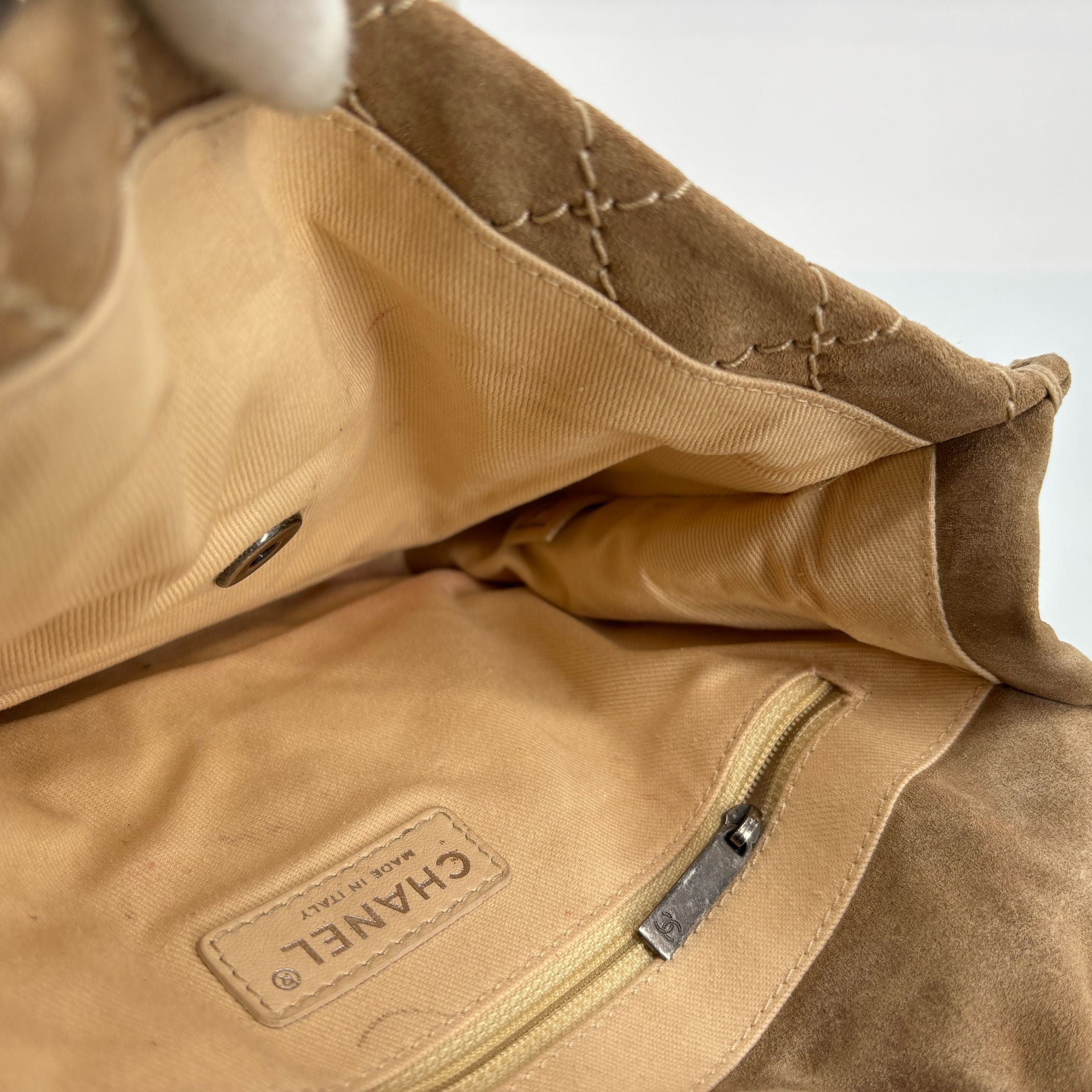 Chanel Single Flap Bag Beige Matelassé Suede