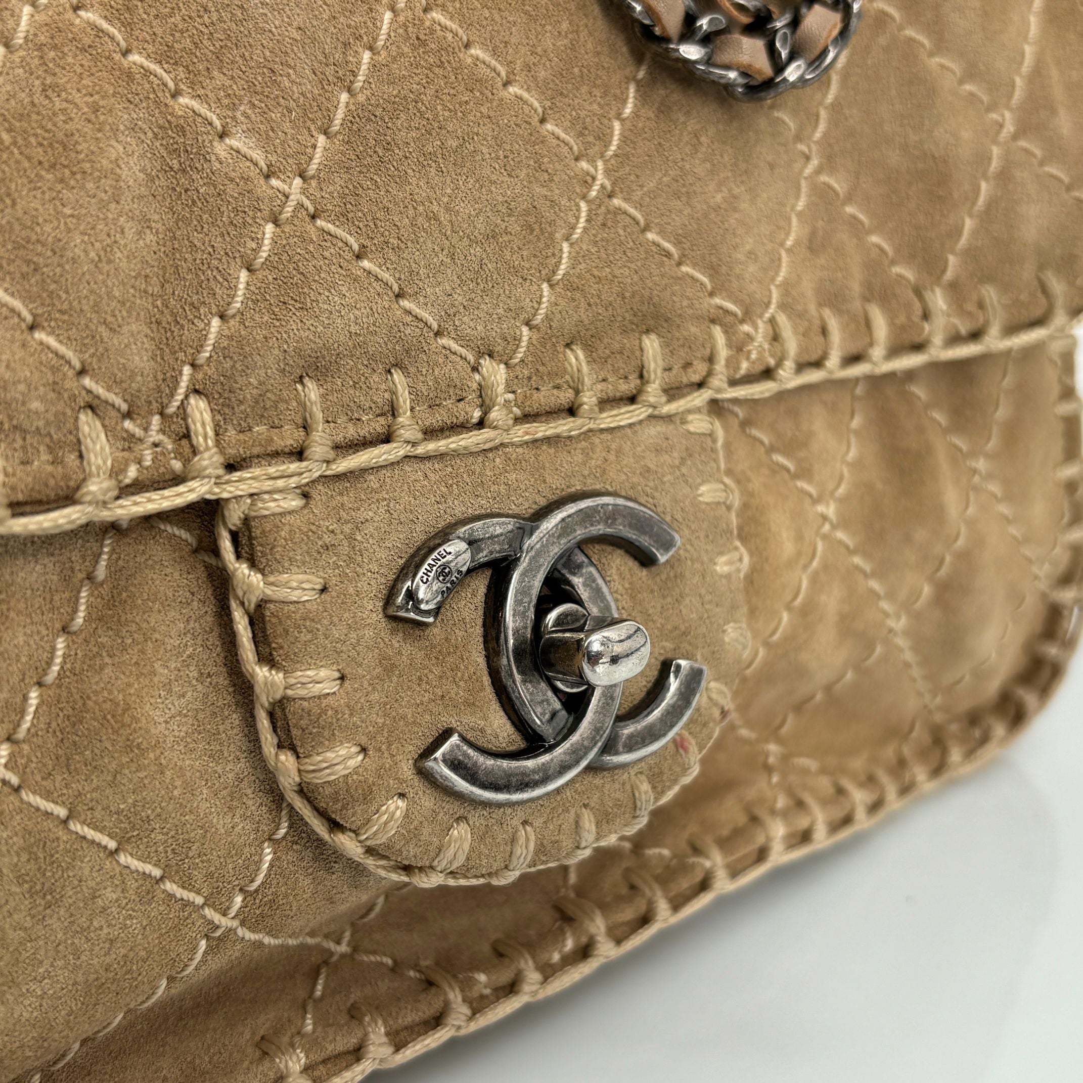 Chanel Single Flap Bag Beige Matelassé Suede