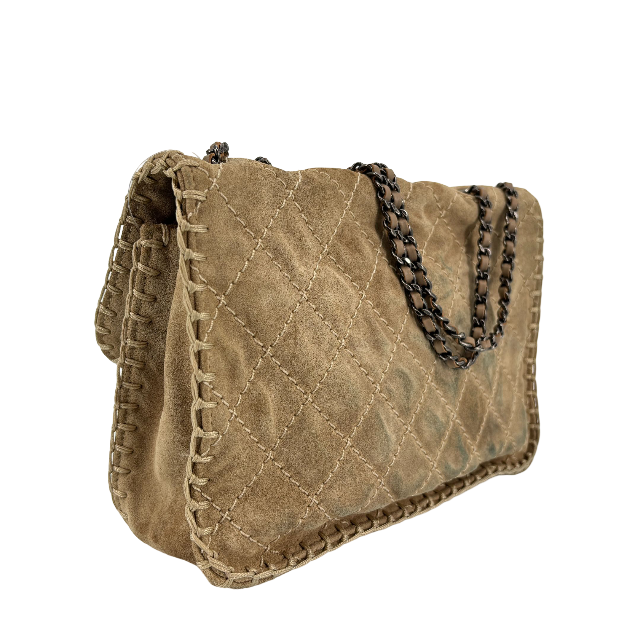 Chanel Single Flap Bag Beige Matelassé Suede