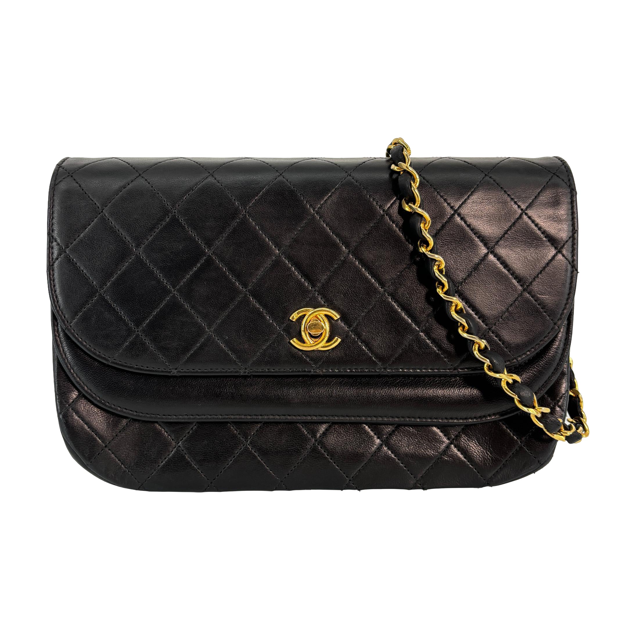 Chanel Half-Moon Double Flap Bag Black Matelassé Leather