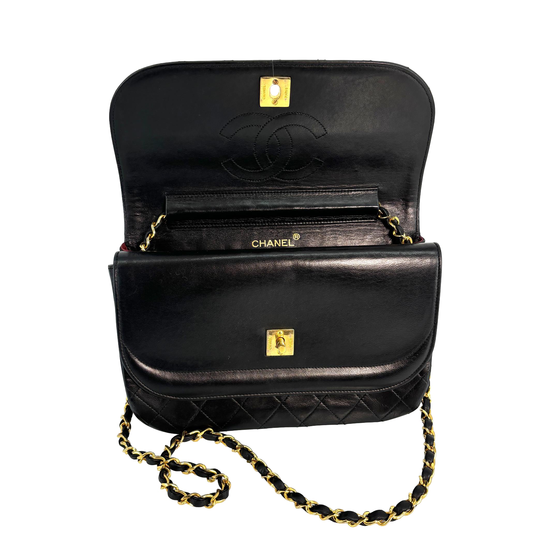 Chanel Half-Moon Double Flap Bag Black Matelassé Leather