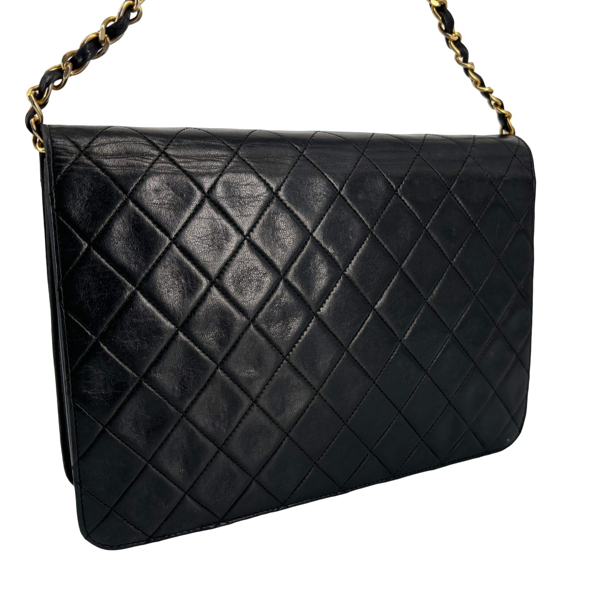 Chanel Single Flap Bag Push-Lock Black Matelassé Leather