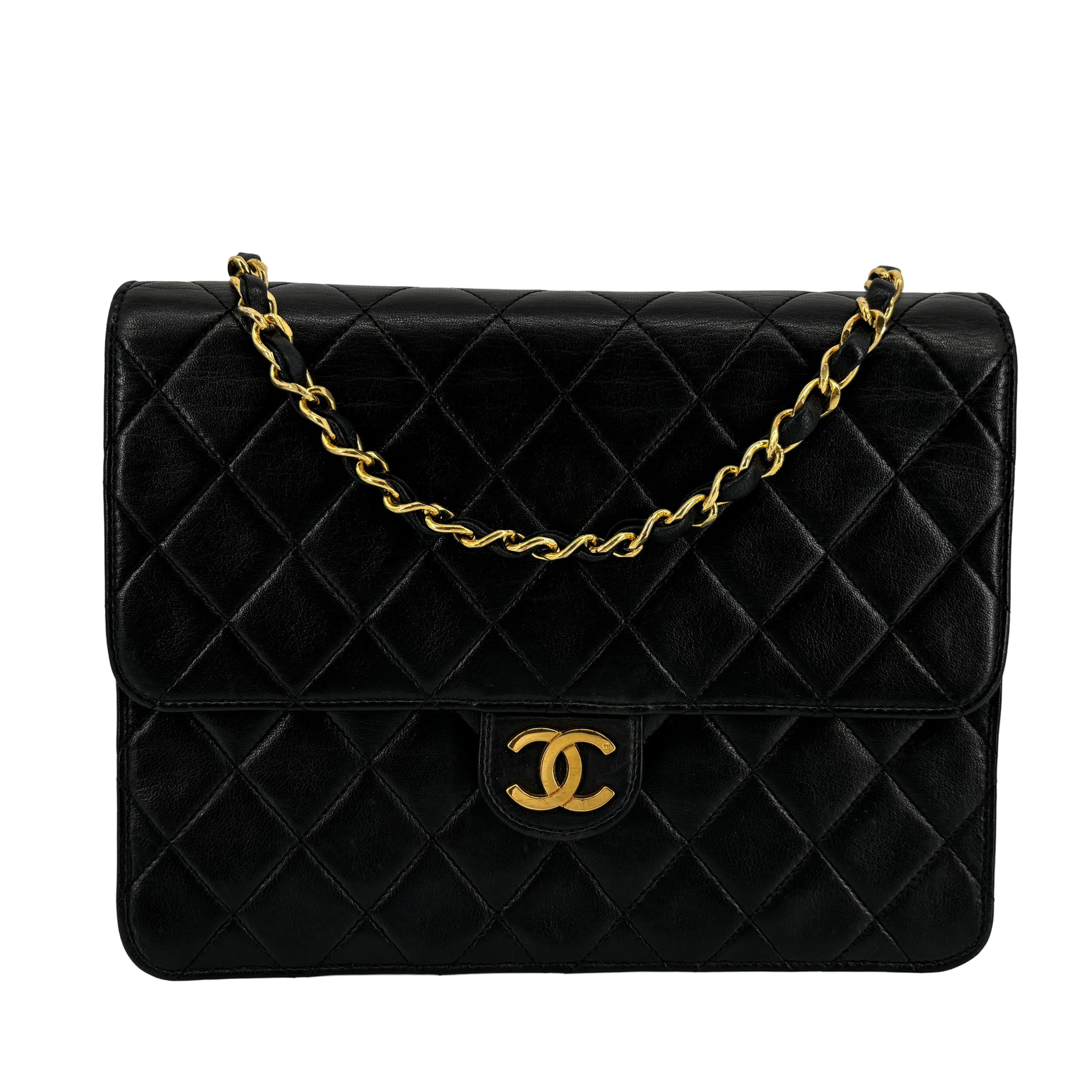 Chanel Single Flap Bag Push-Lock Black Matelassé Leather