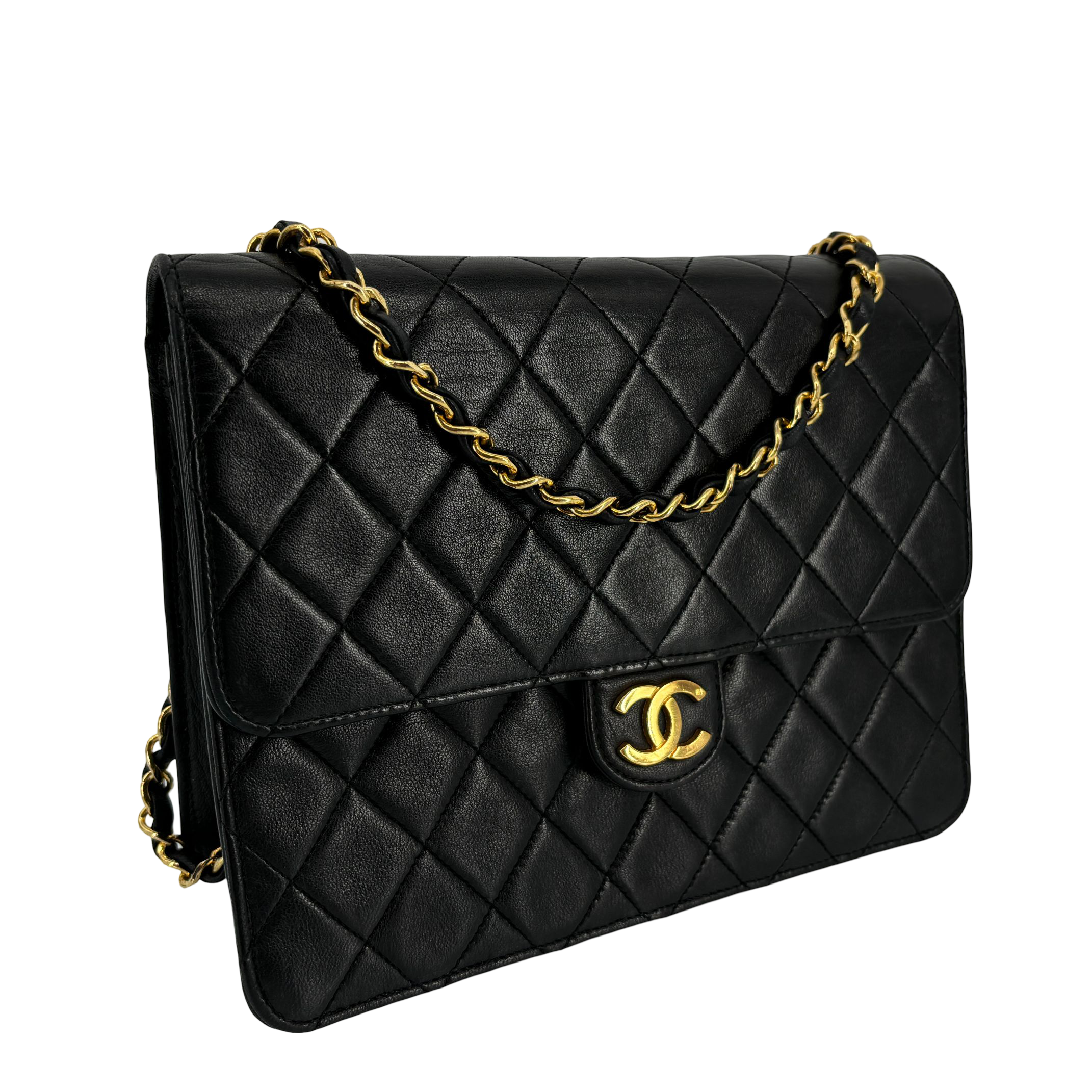 Chanel Single Flap Bag Push-Lock Black Matelassé Leather