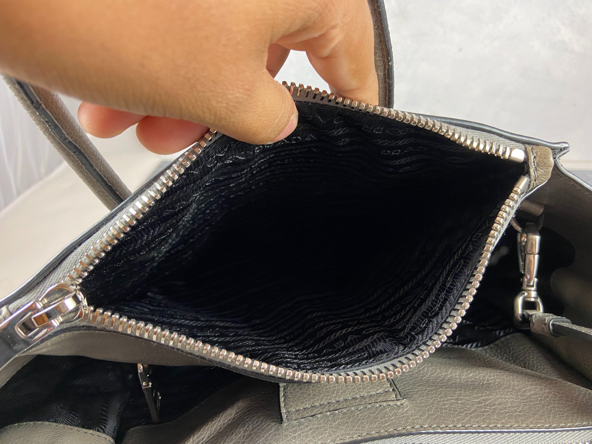 Prada Twin Zip Hand / Shoulder Bag Grey Leather