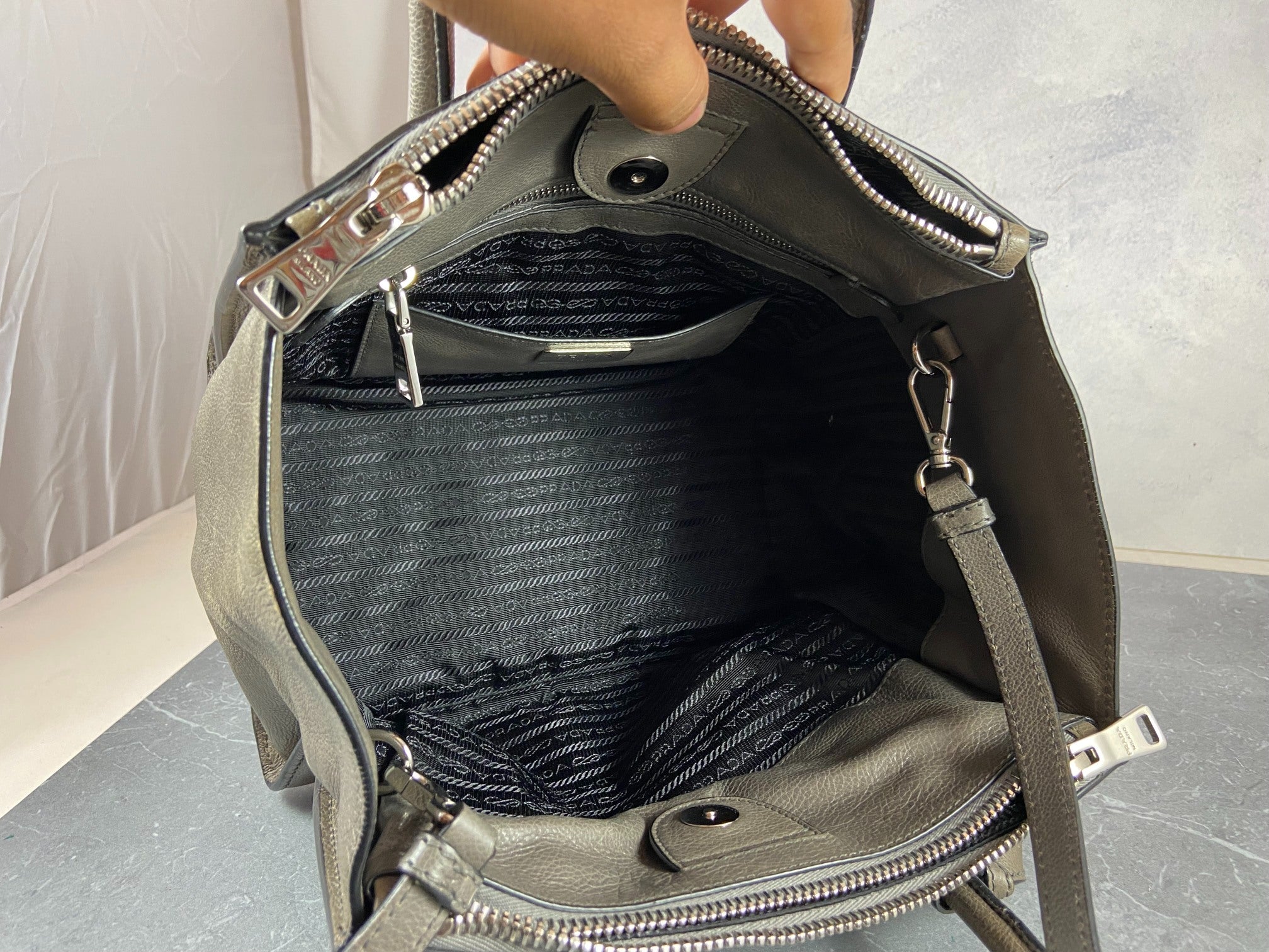 Prada Twin Zip Hand / Shoulder Bag Grey Leather