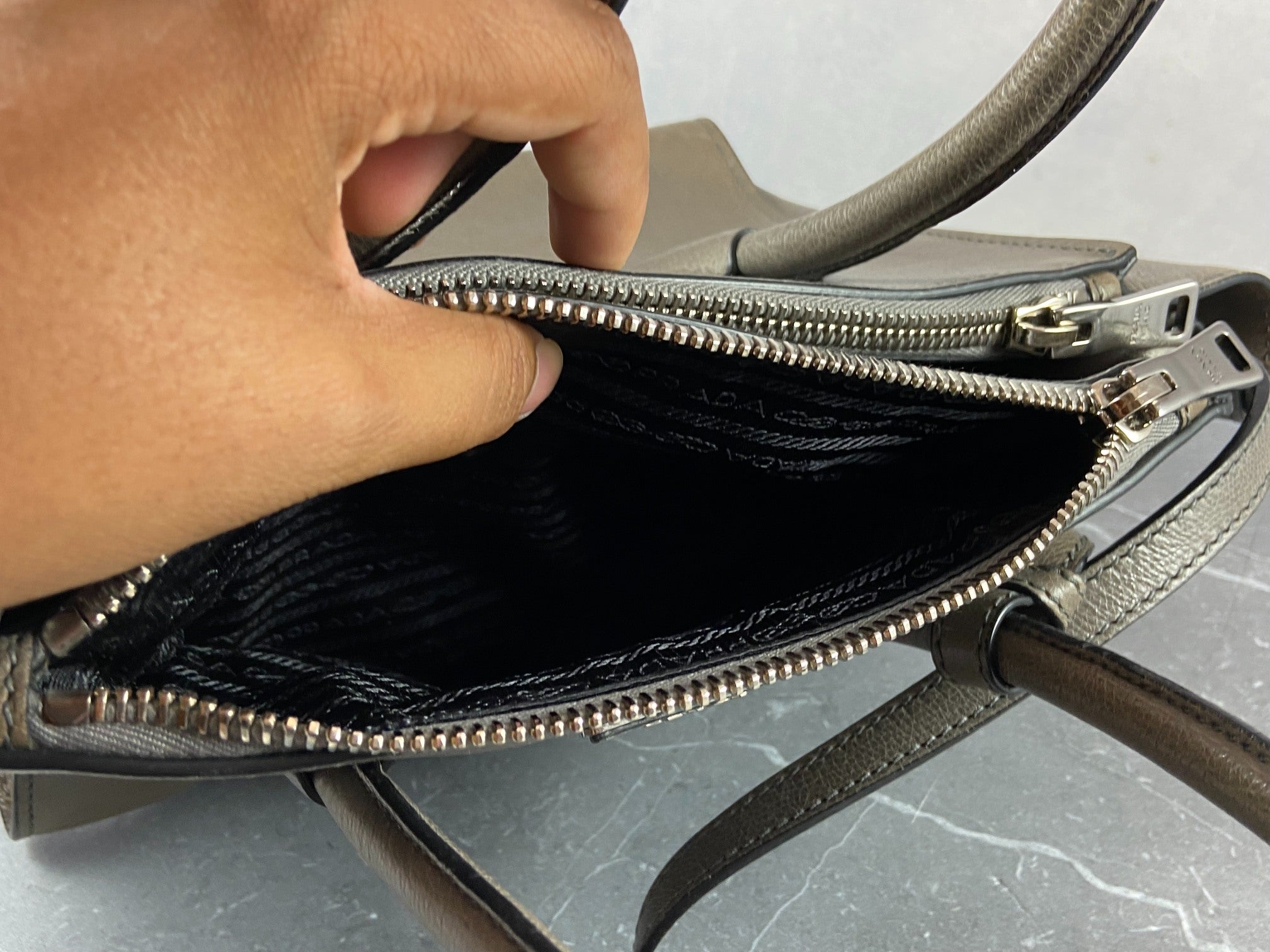 Prada Twin Zip Hand / Shoulder Bag Grey Leather
