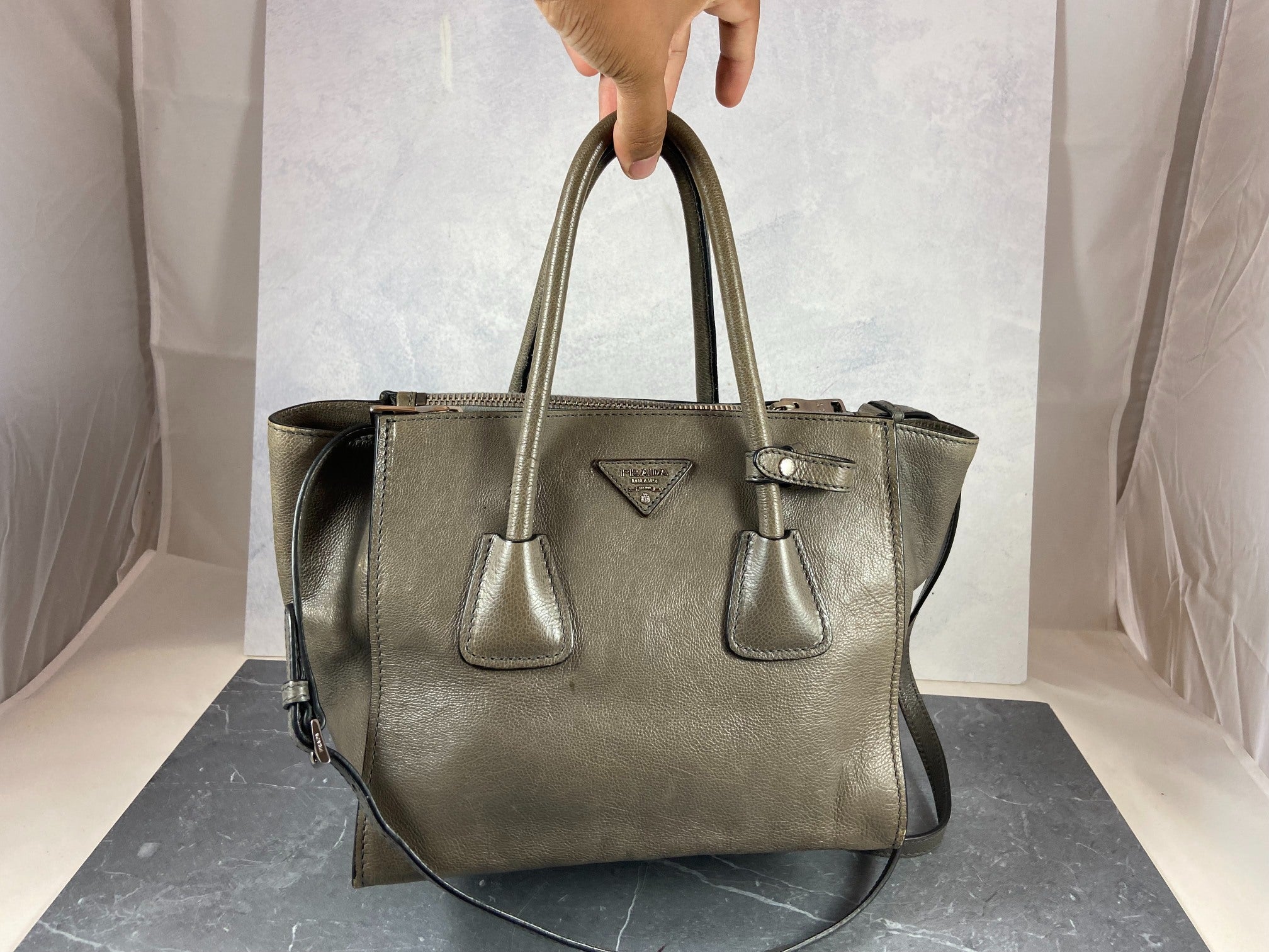 Prada Twin Zip Hand / Shoulder Bag Grey Leather