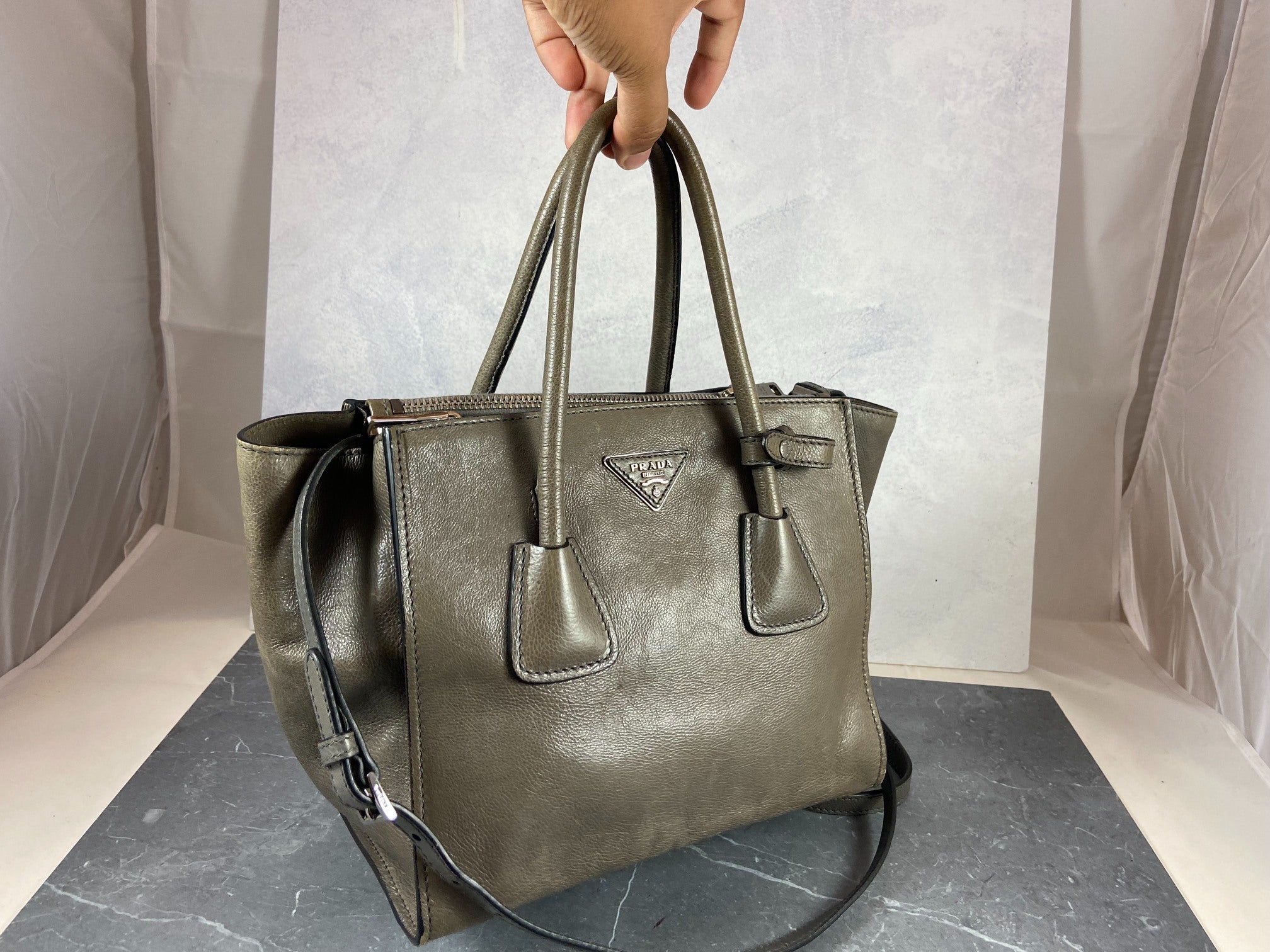 Prada Twin Zip Hand / Shoulder Bag Grey Leather