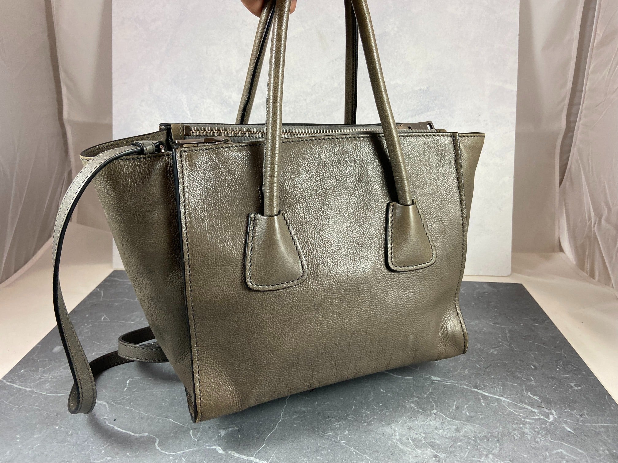 Prada Twin Zip Hand / Shoulder Bag Grey Leather