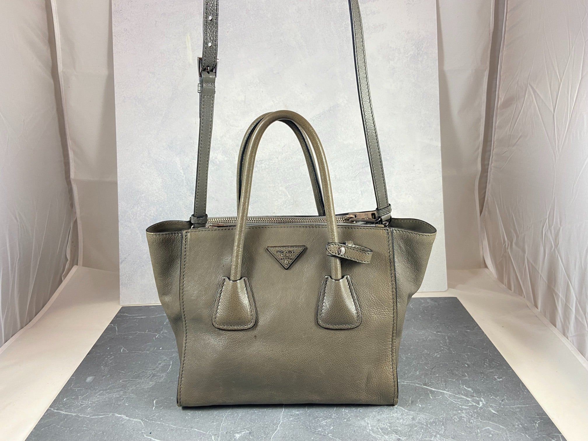 Prada Twin Zip Hand / Shoulder Bag Grey Leather