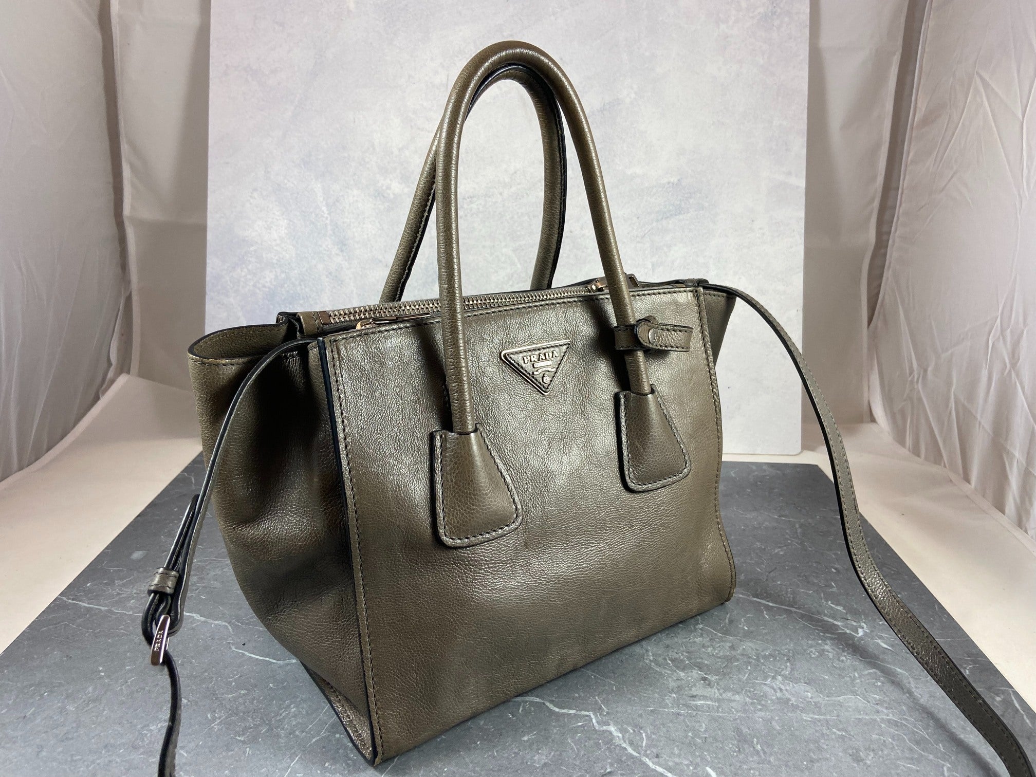 Prada Twin Zip Hand / Shoulder Bag Grey Leather