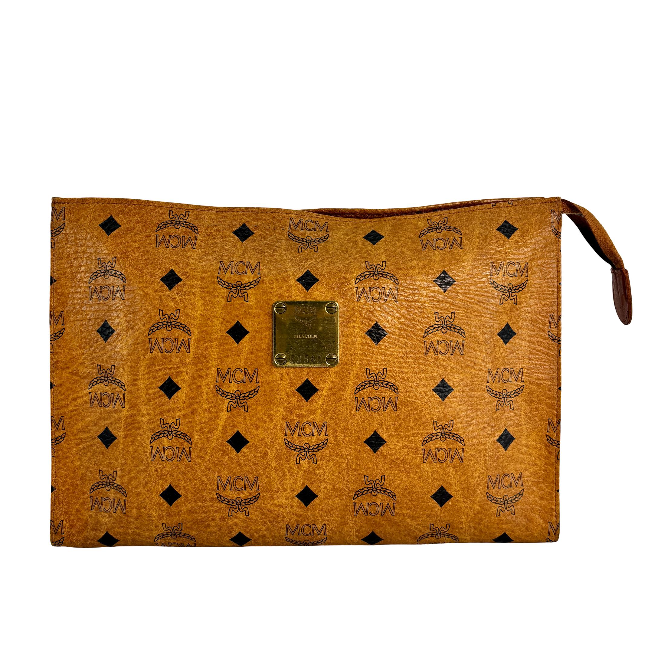 MCM Toiletry Pouch Beige Visetos Cognac Monogram