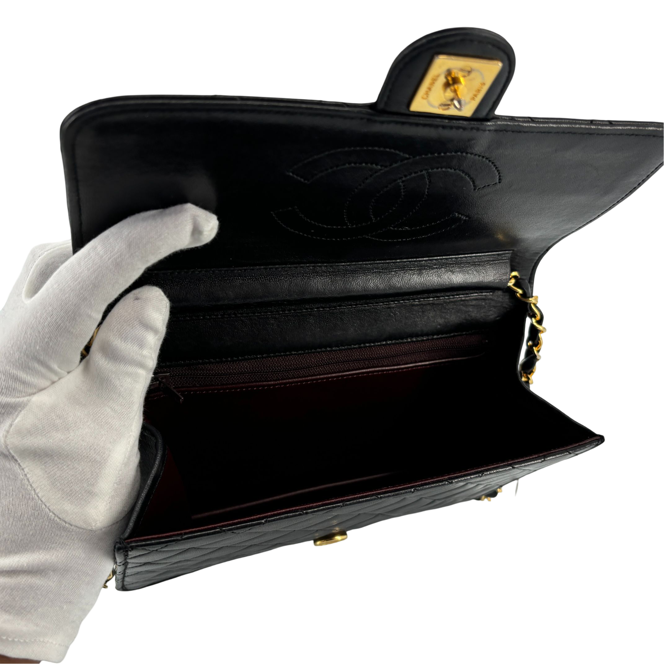 Chanel Single Flap Bag Push-Lock Black Matelassé Leather incl. Dustbag