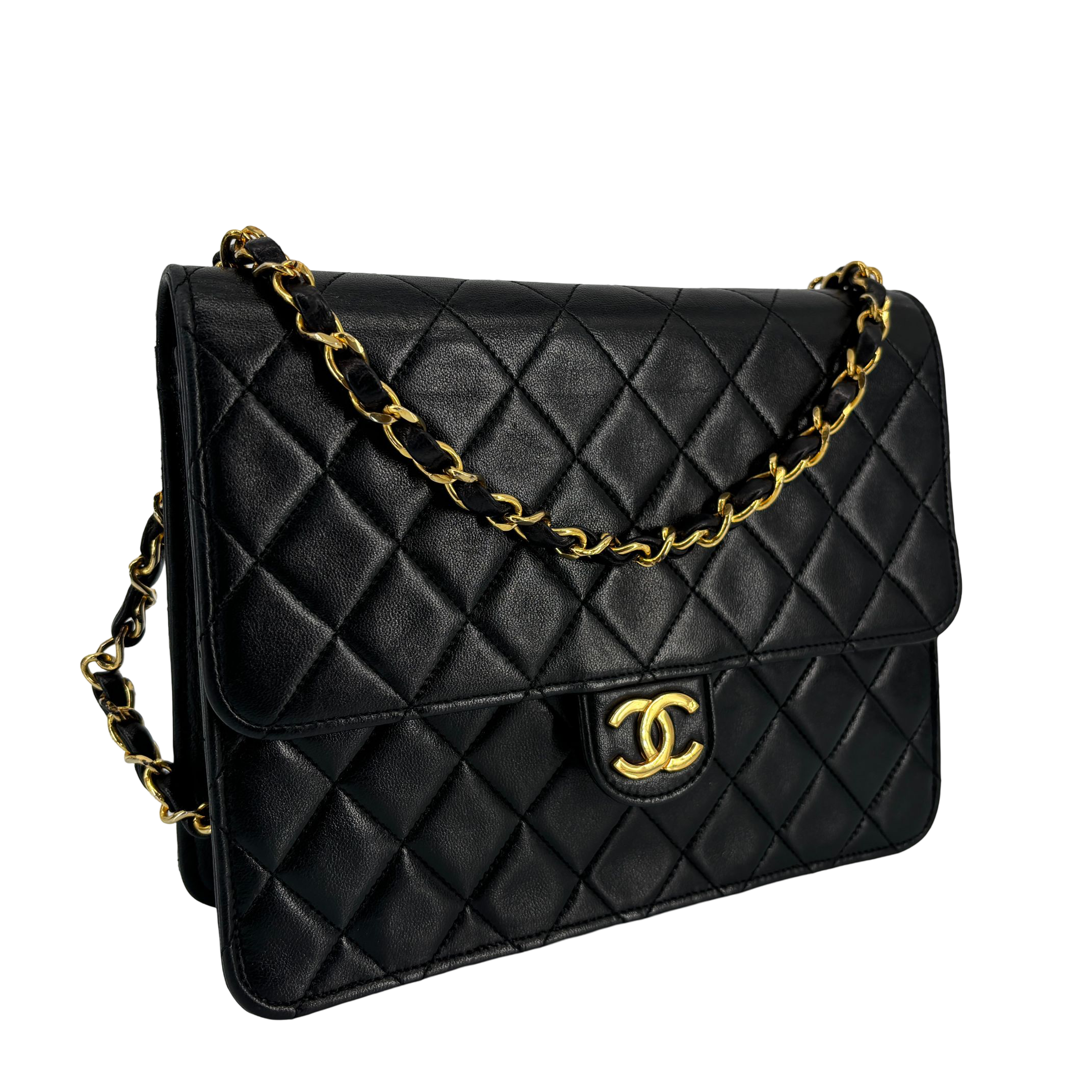 Chanel Single Flap Bag Push-Lock Black Matelassé Leather incl. Dustbag