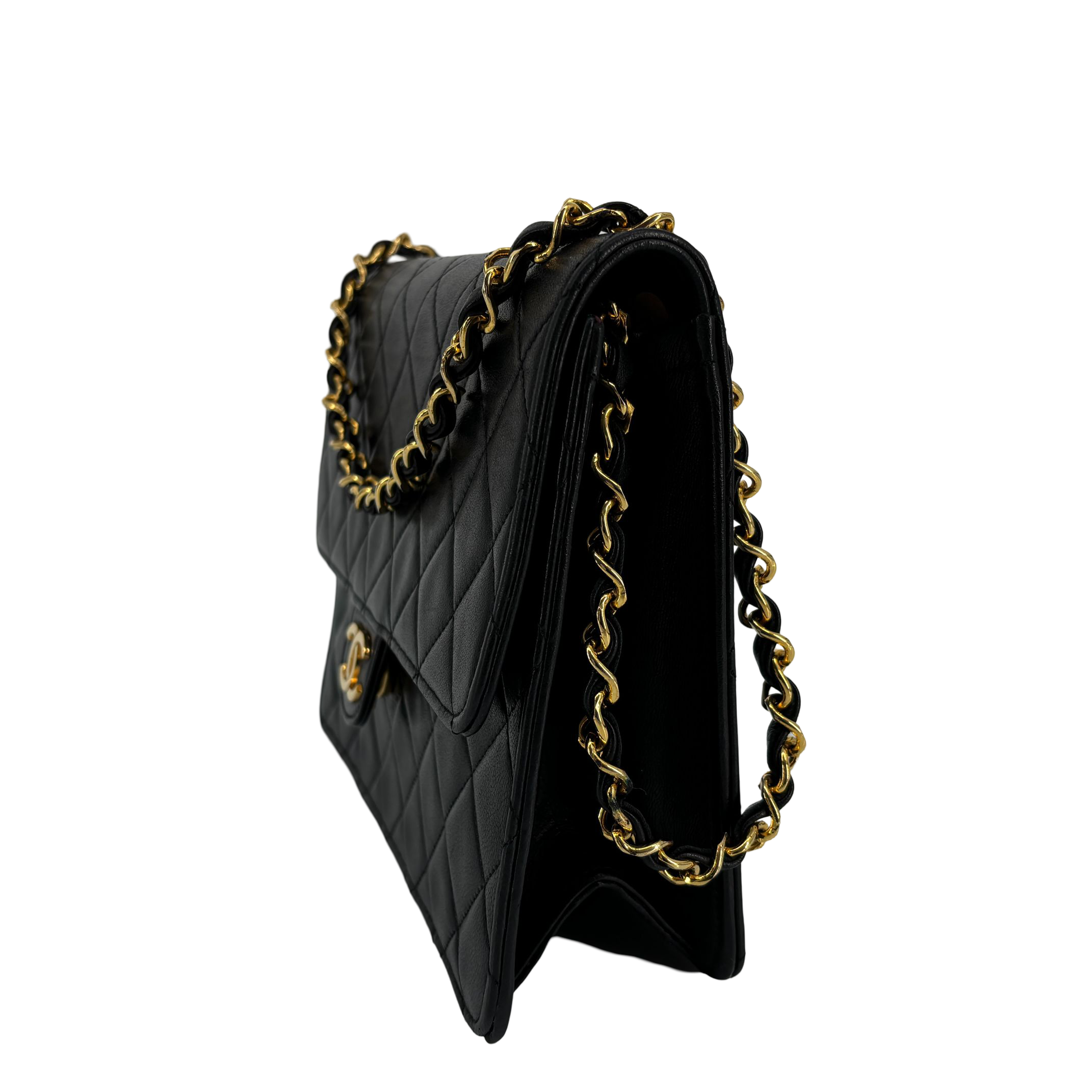 Chanel Single Flap Bag Push-Lock Black Matelassé Leather incl. Dustbag