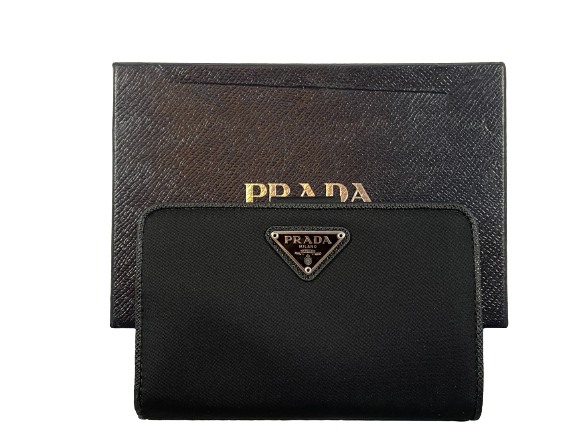 Prada 1ML225 Tessuto Compact Wallet Black full set