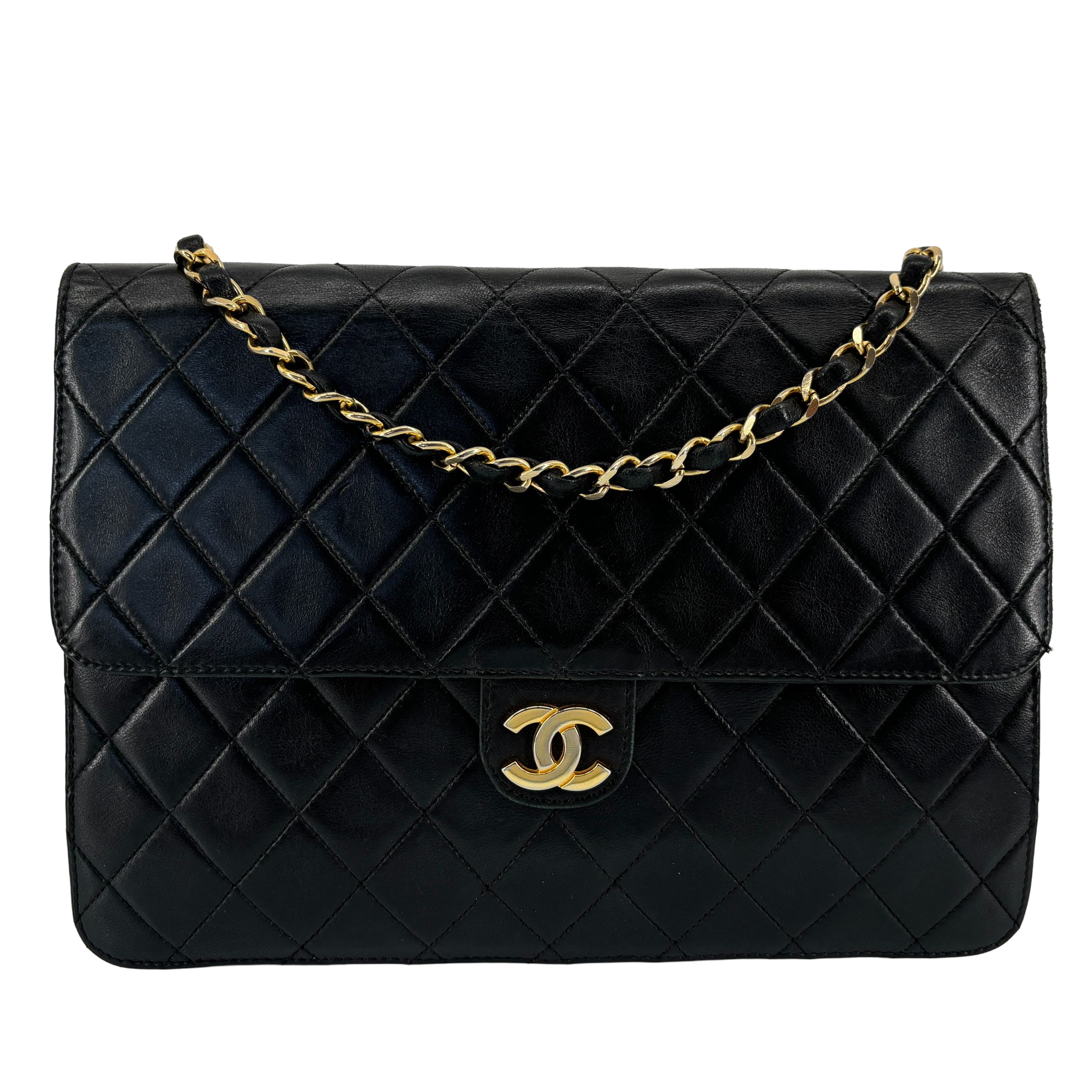 Chanel Single Flap Bag Push-Lock Black Matelassé Leather incl. Dustbag