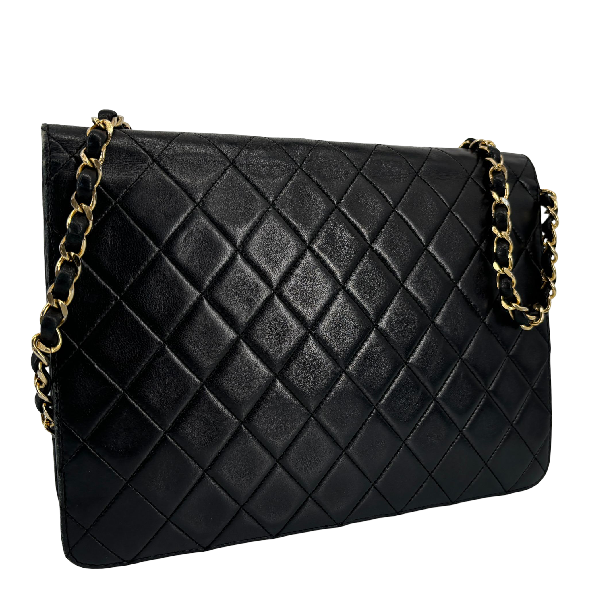 Chanel Single Flap Bag Push-Lock Black Matelassé Leather incl. Dustbag