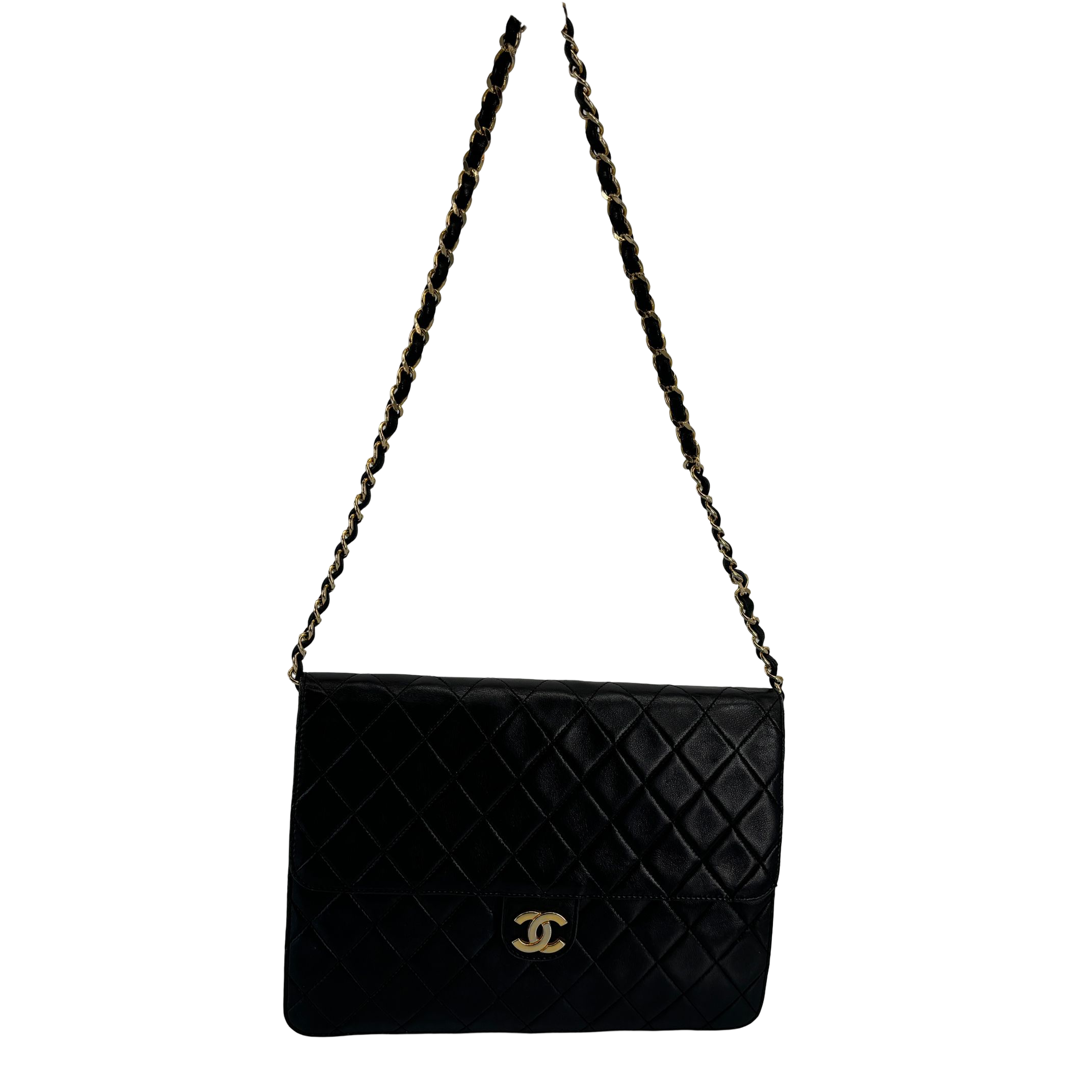 Chanel Single Flap Bag Push-Lock Black Matelassé Leather incl. Dustbag