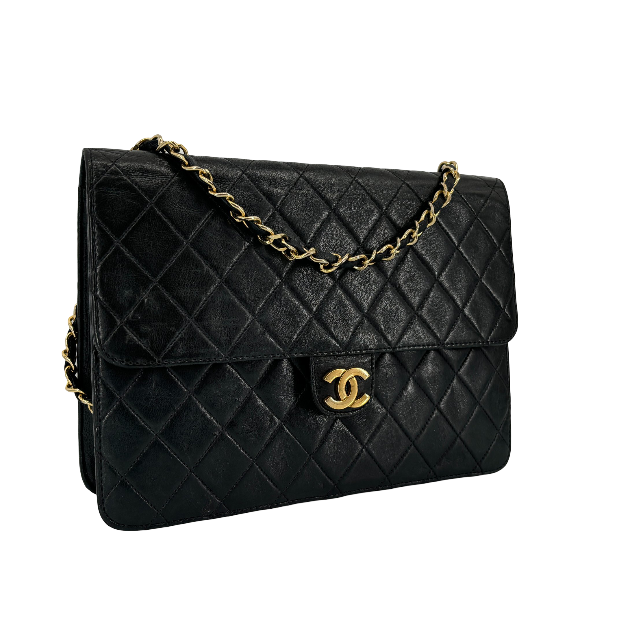 Chanel Single Flap Bag Push-Lock Black Matelassé Leather