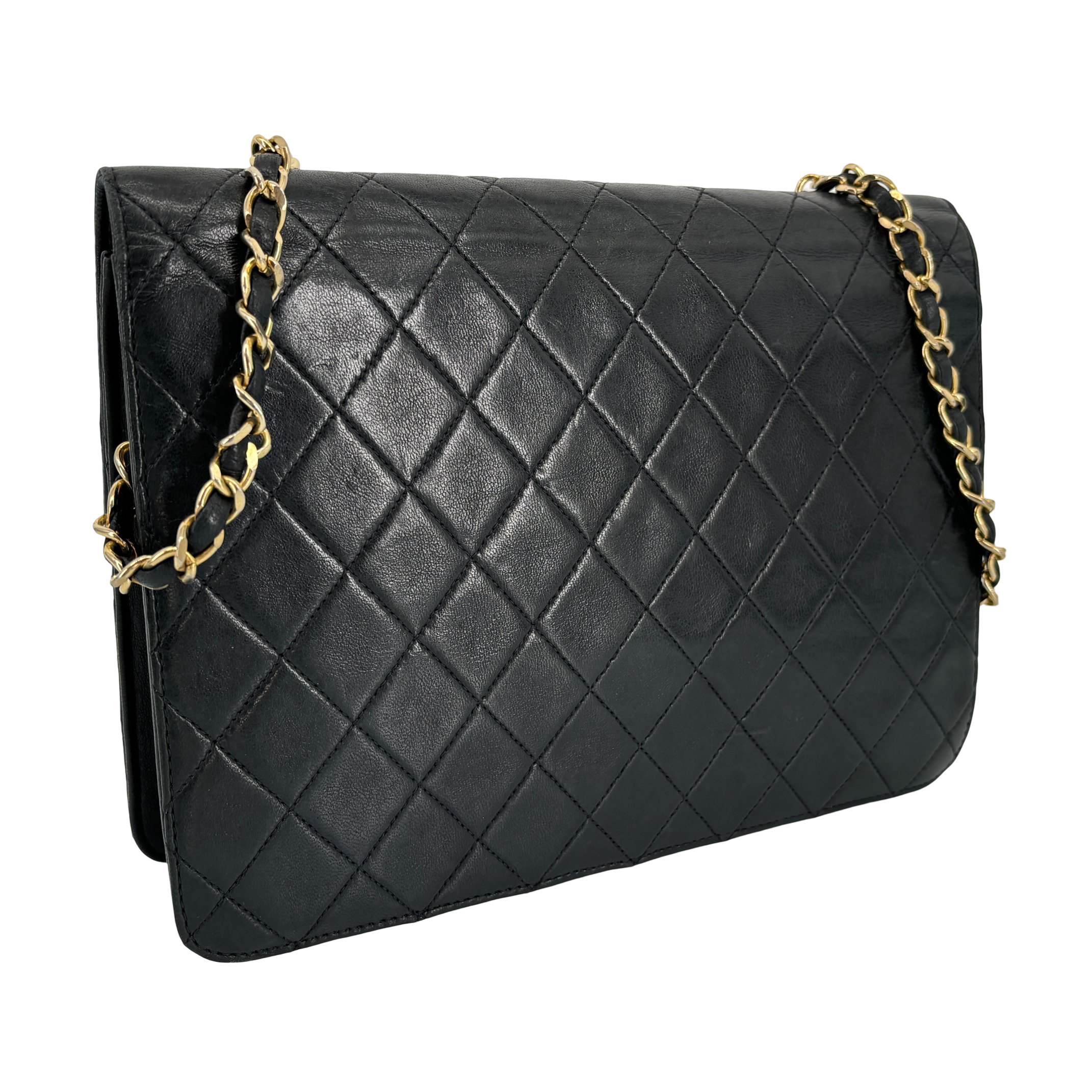 Chanel Single Flap Bag Push-Lock Black Matelassé Leather