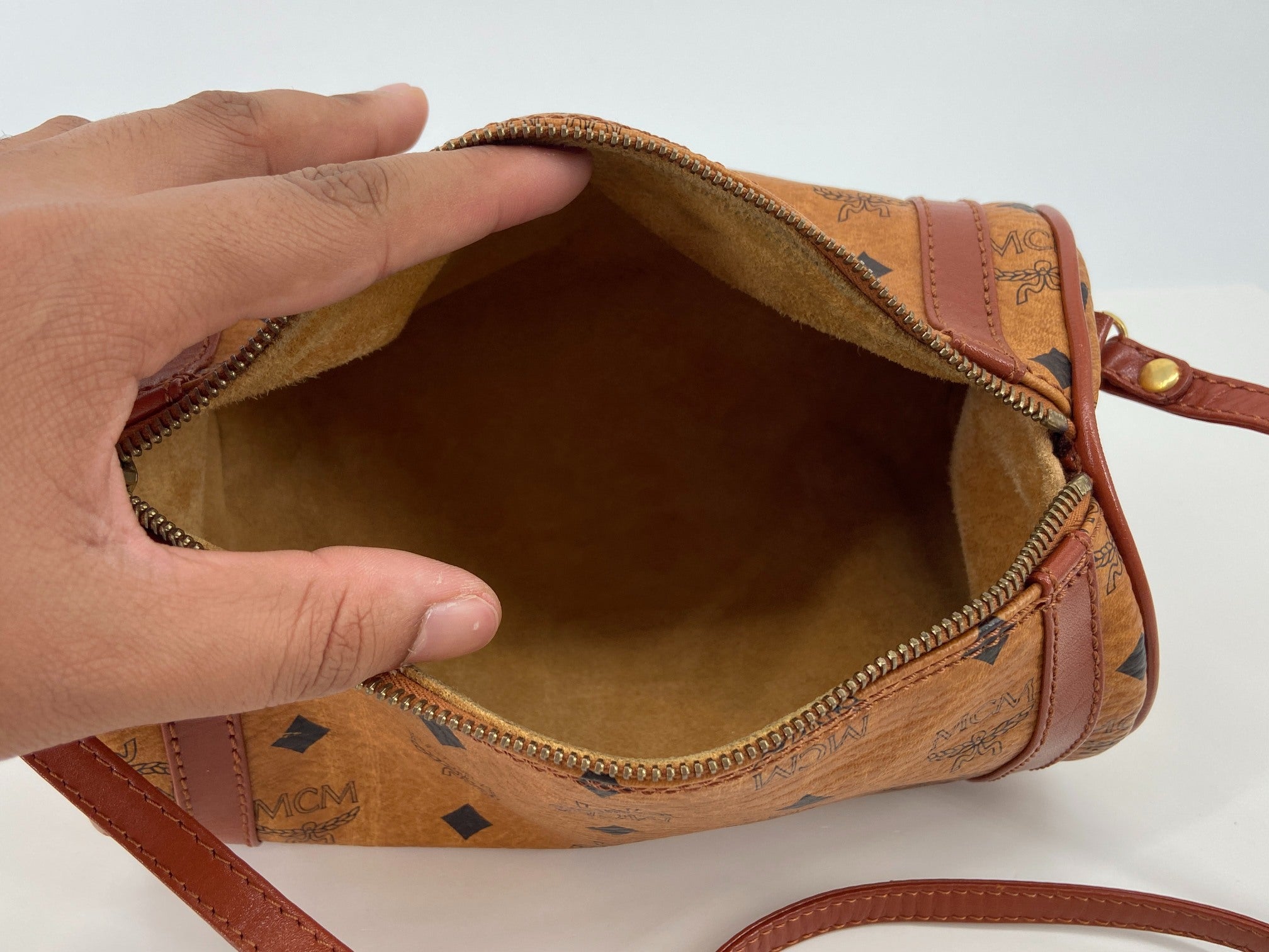 MCM Shoulder Bag Beige Visetos Cognac Monogram