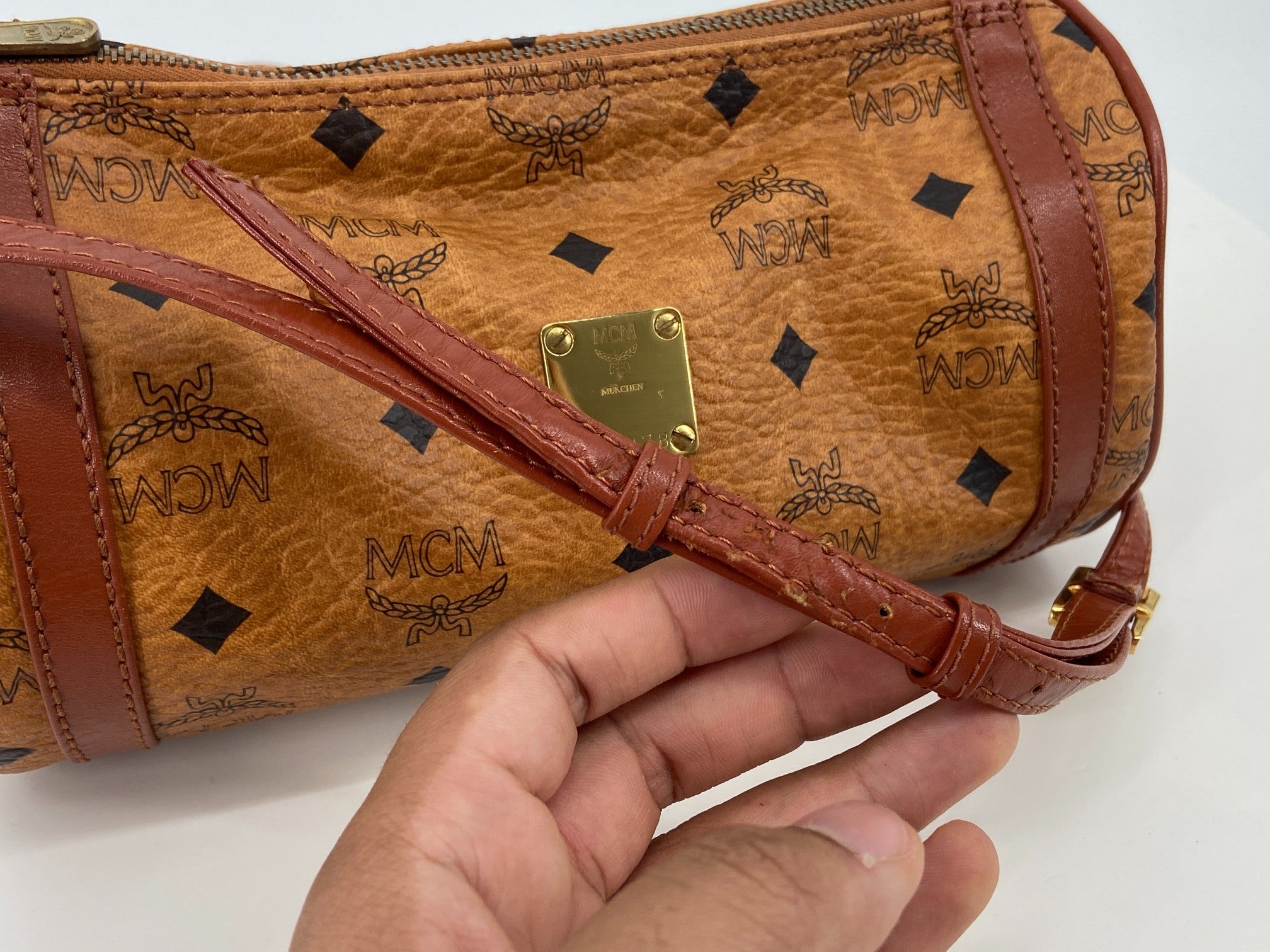 MCM Shoulder Bag Beige Visetos Cognac Monogram