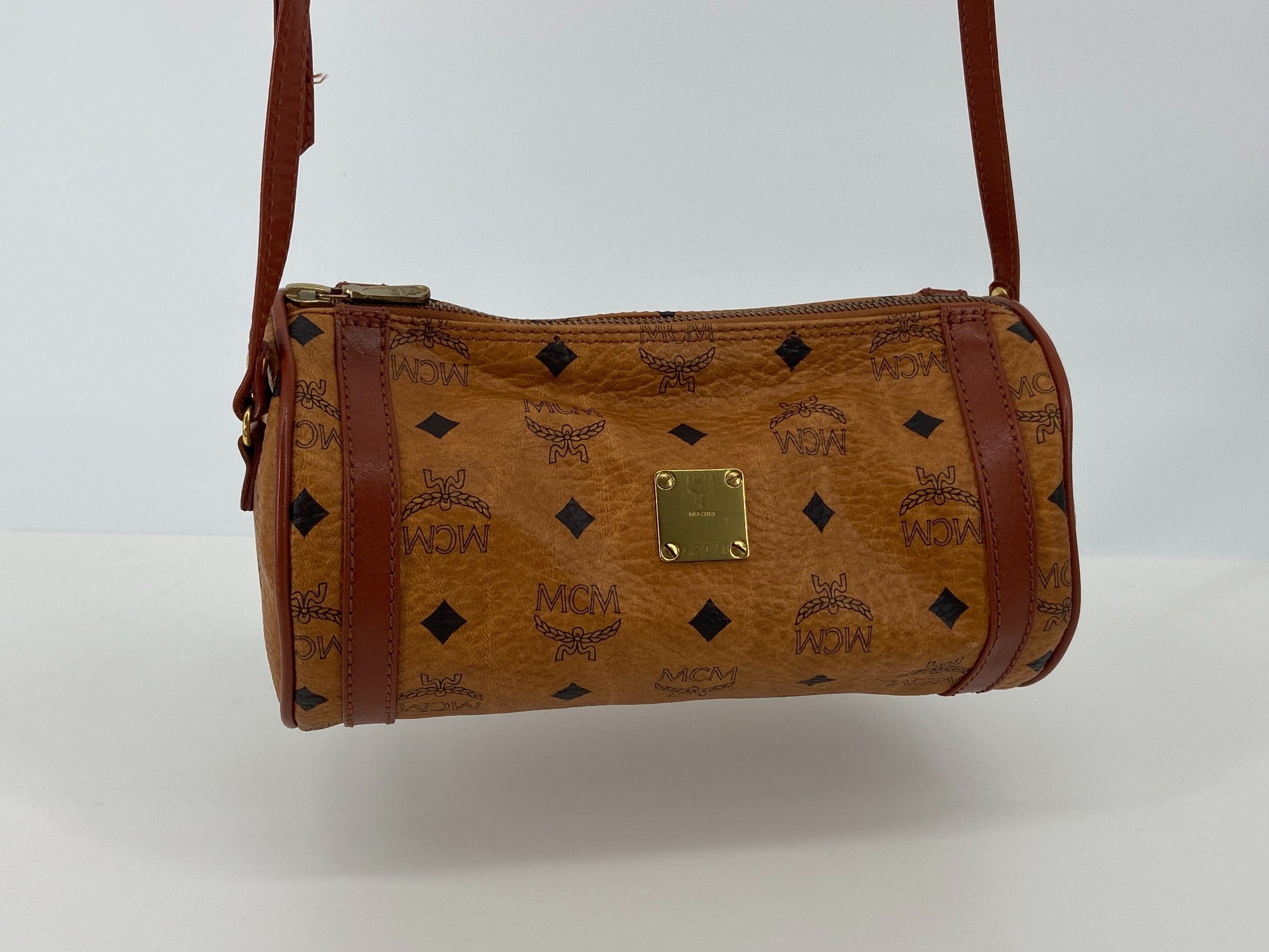 MCM Shoulder Bag Beige Visetos Cognac Monogram