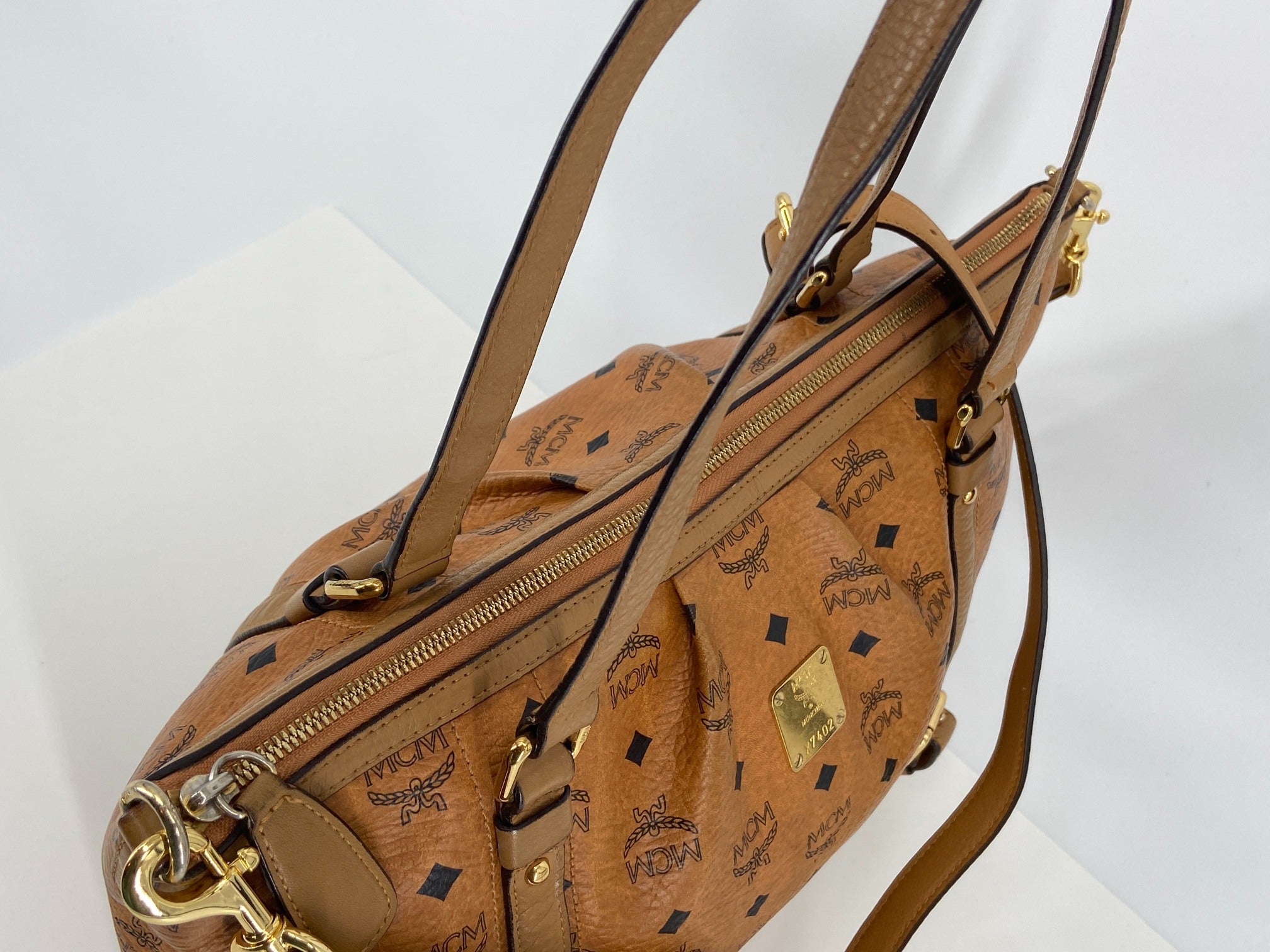 MCM 2Way Tote Bag Beige Visetos Cognac Monogram