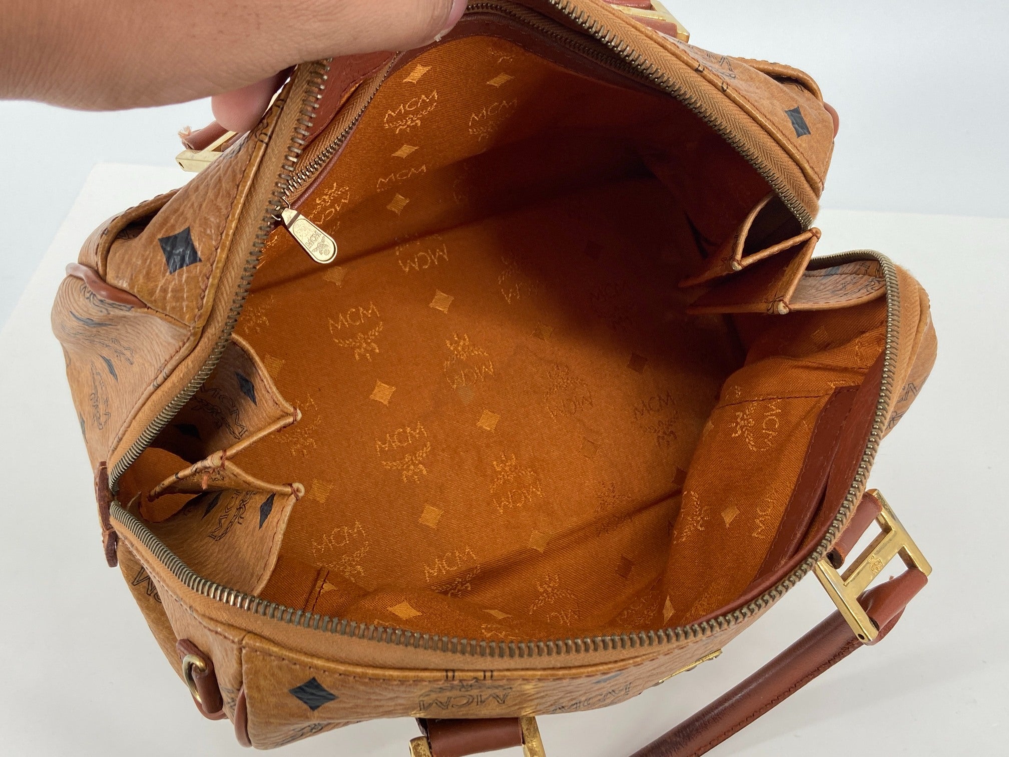 MCM 2Way Hand / Boston Bag Beige Visetos Cognac Monogram