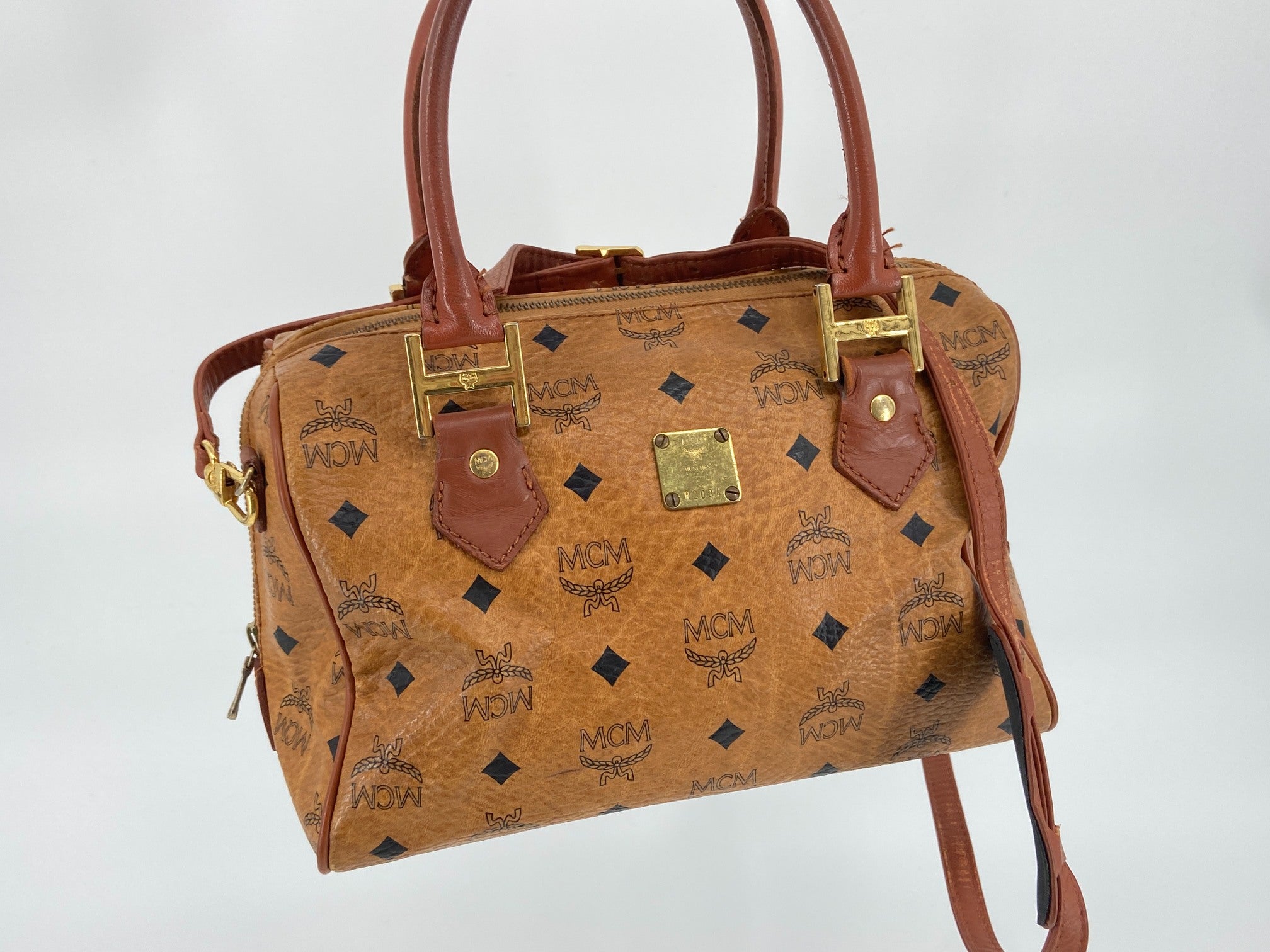 MCM 2Way Hand / Boston Bag Beige Visetos Cognac Monogram