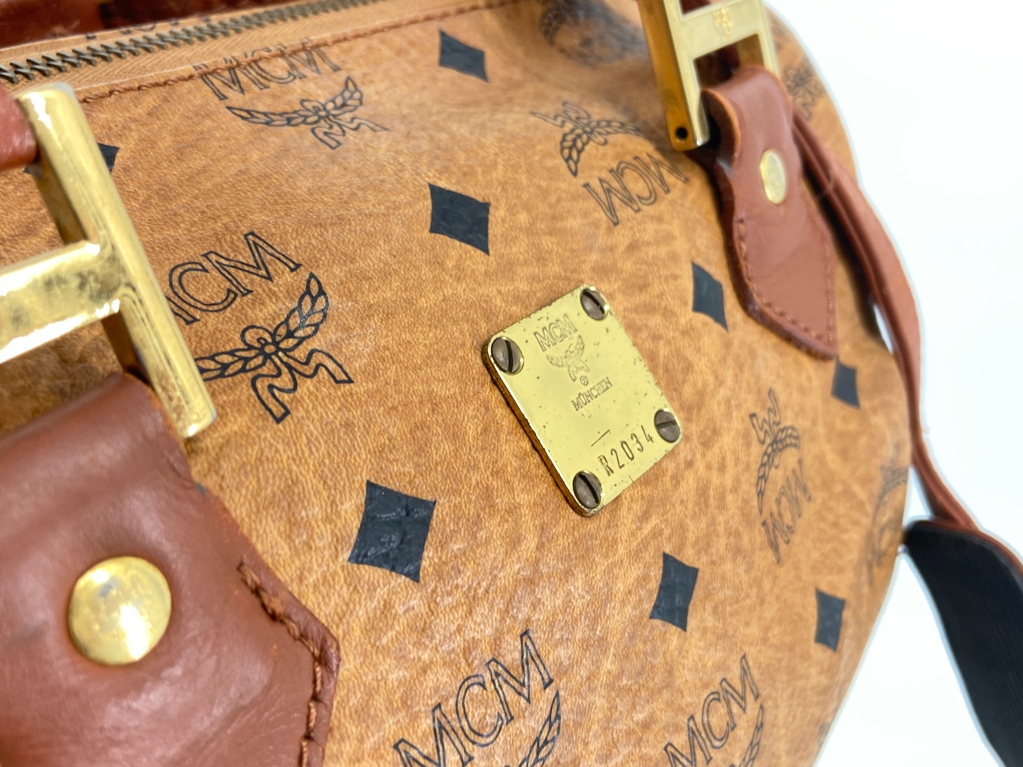 MCM 2Way Hand / Boston Bag Beige Visetos Cognac Monogram