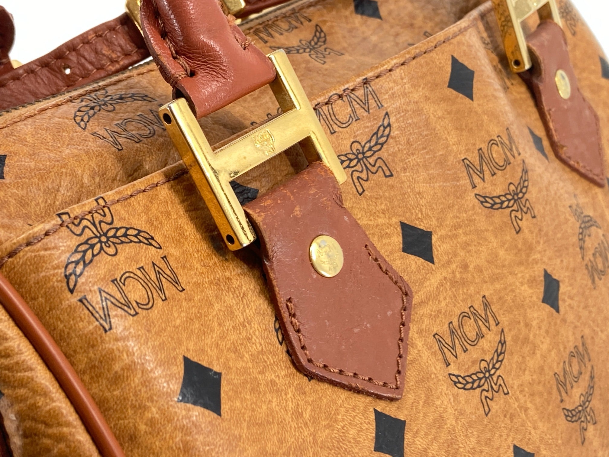 MCM 2Way Hand / Boston Bag Beige Visetos Cognac Monogram