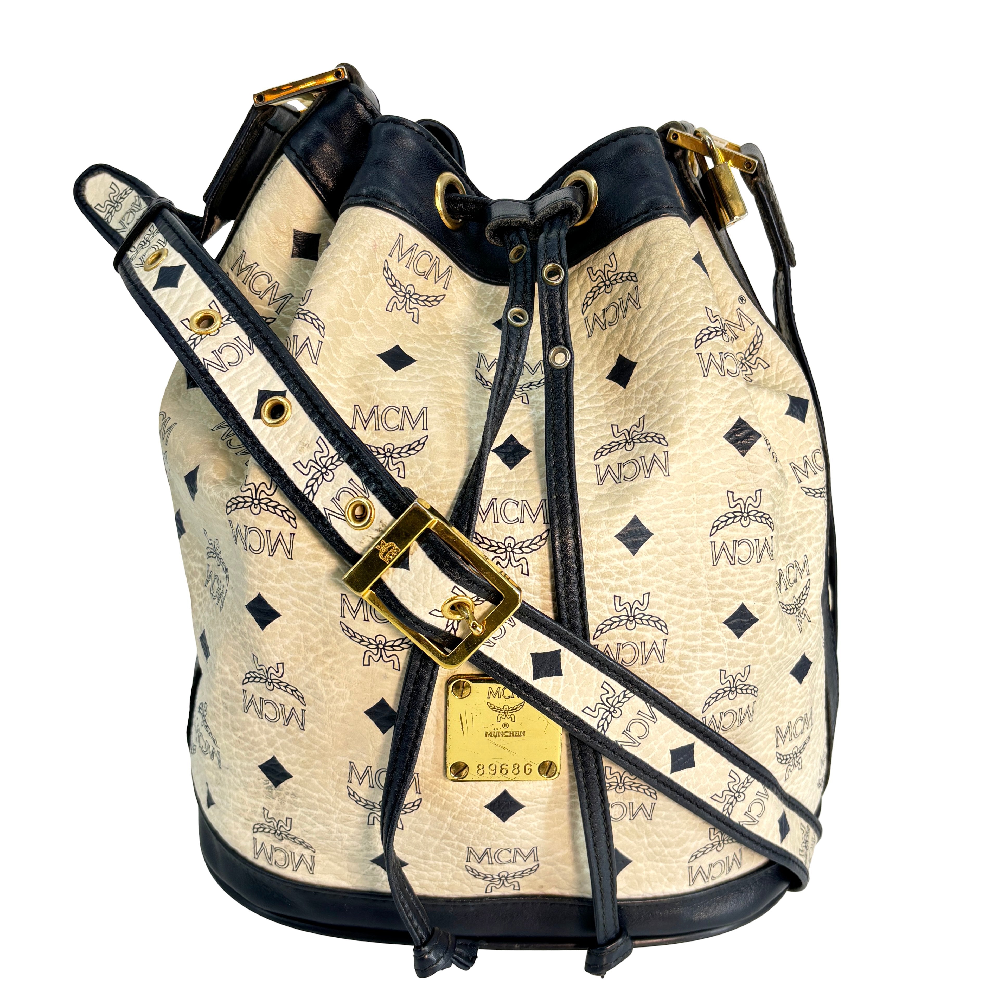 MCM Bucket Drawstring Bag White Visetos Monogram