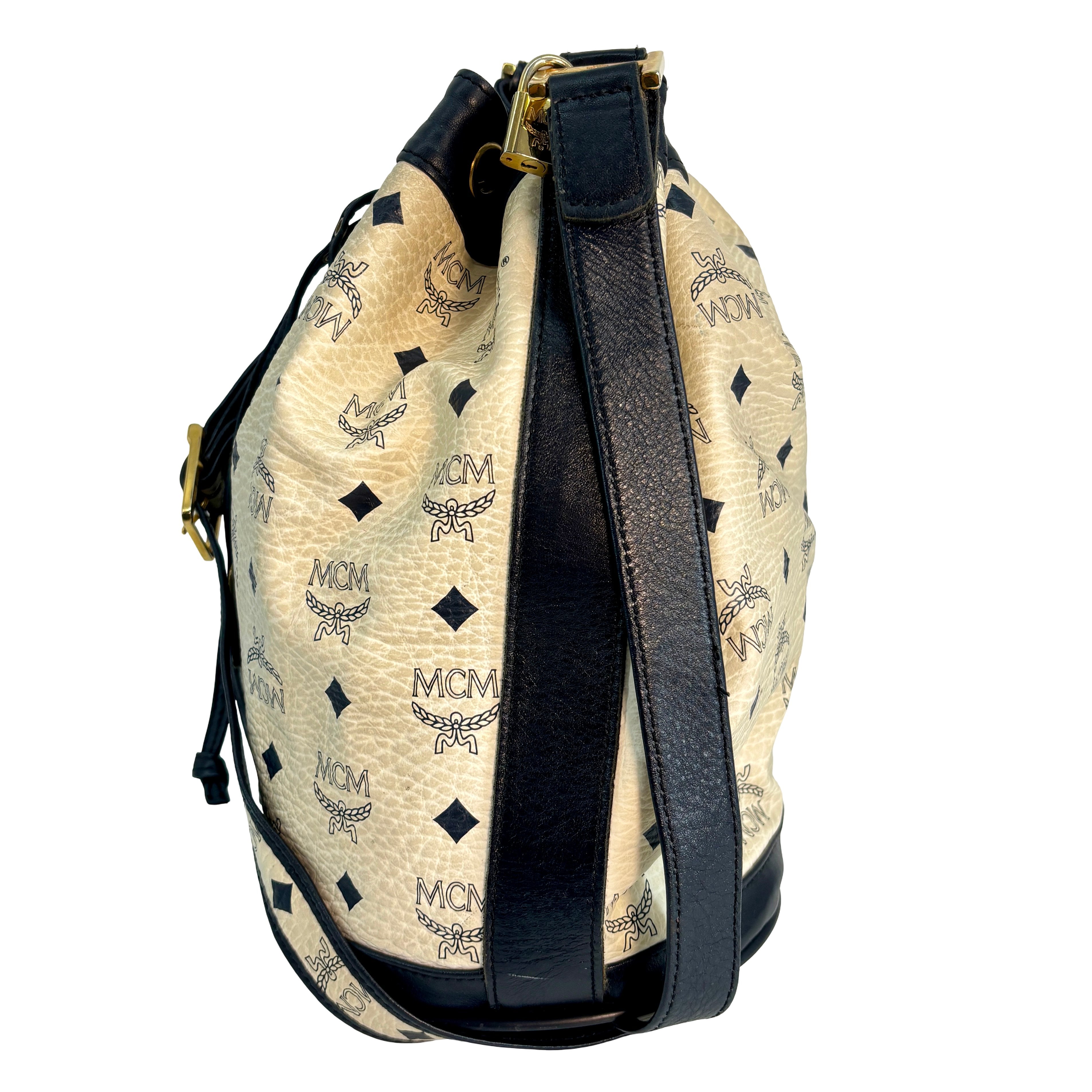 MCM Bucket Drawstring Bag White Visetos Monogram