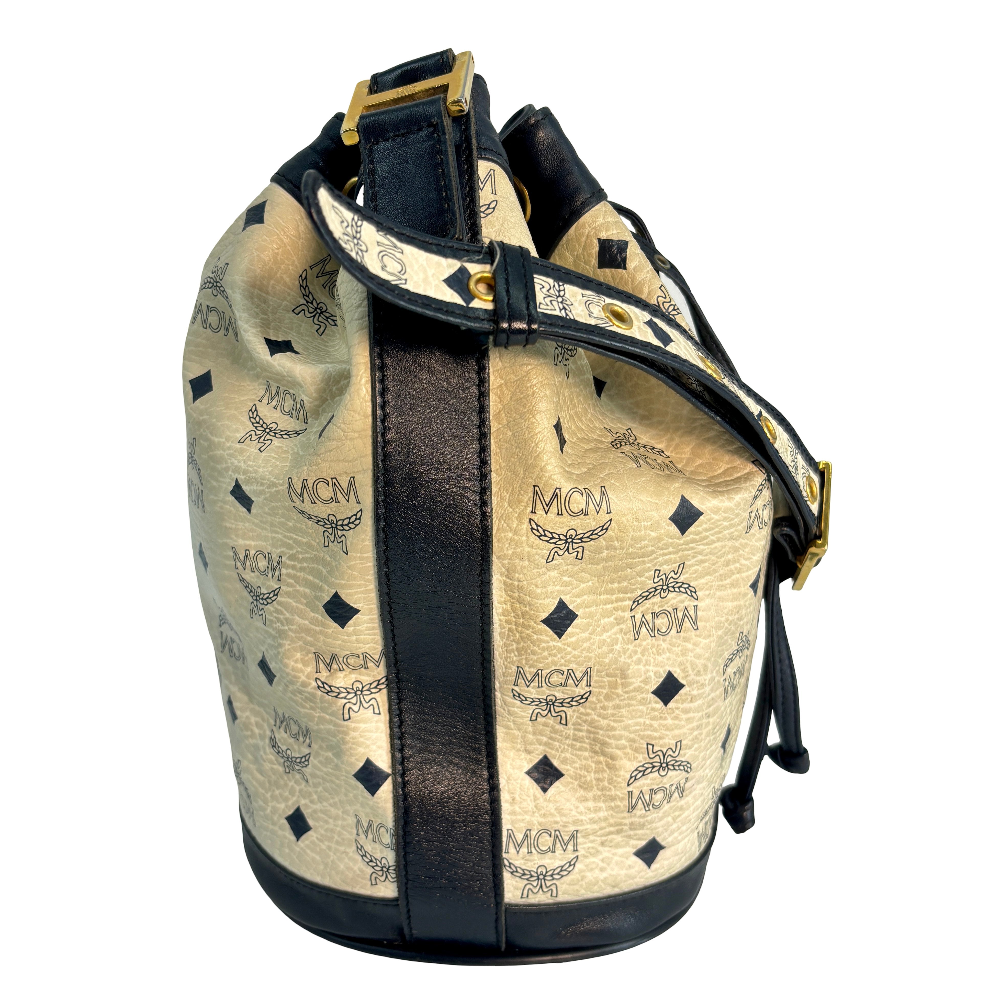 MCM Bucket Drawstring Bag White Visetos Monogram